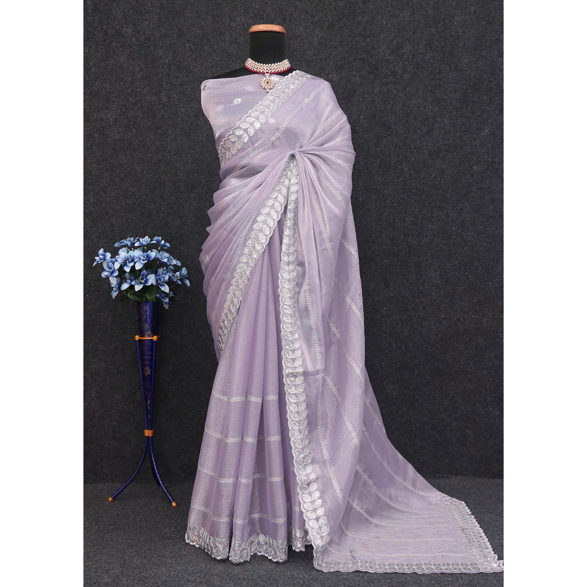 Lavender Sequins Embroidered Chiffon Silk Saree