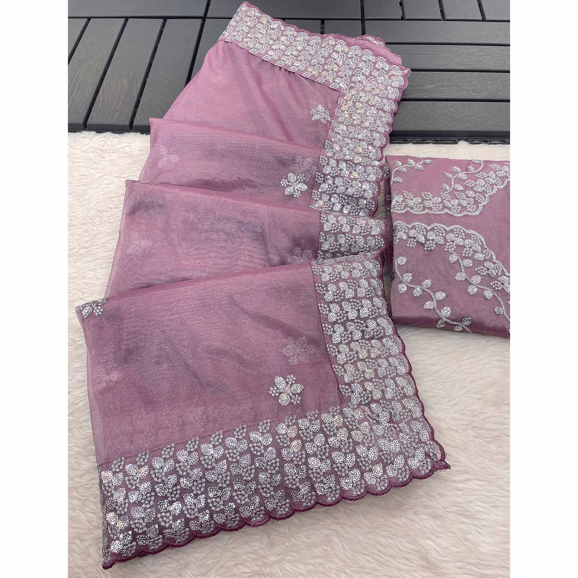 Mauve Floral Embroidered Net Saree
