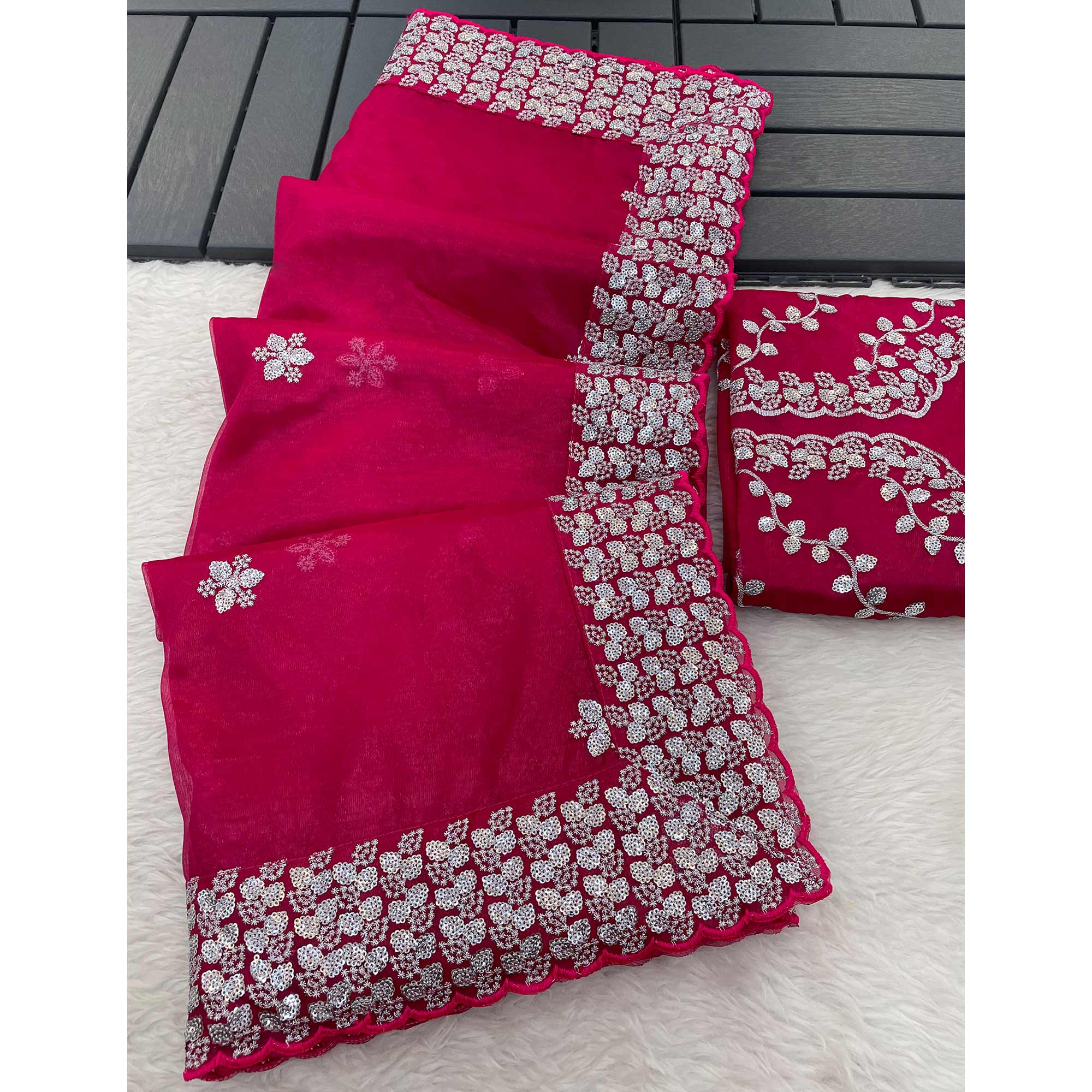 Pink Floral Embroidered Net Saree