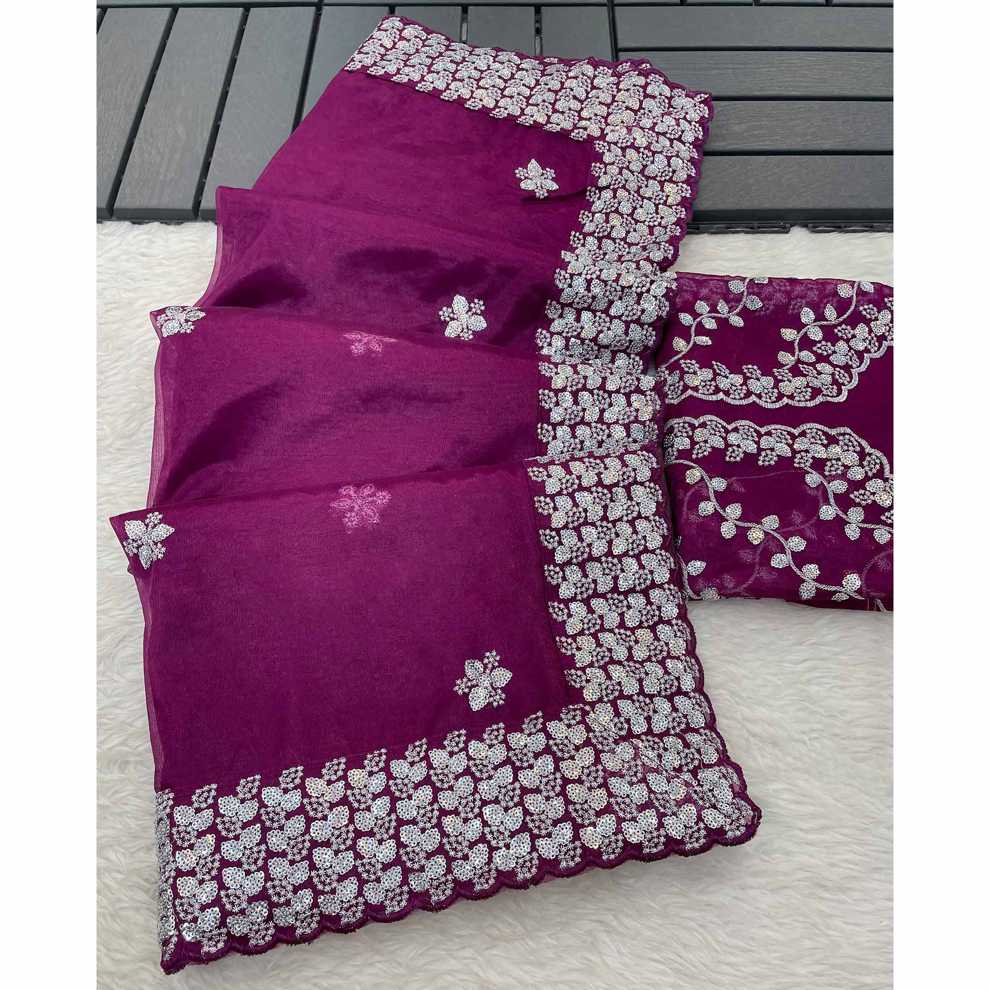 Purple Floral Embroidered Net Saree