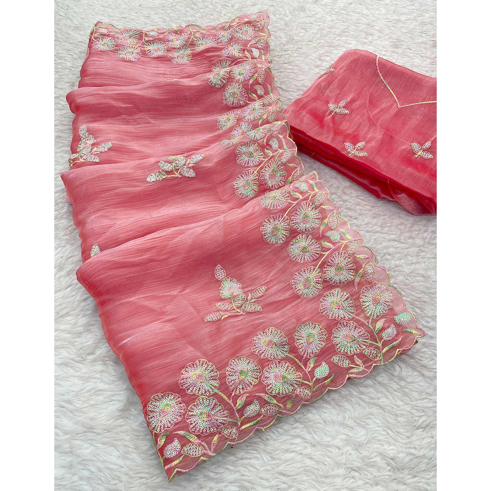 Gajri Pink Sequins Embroidered Chiffon Saree