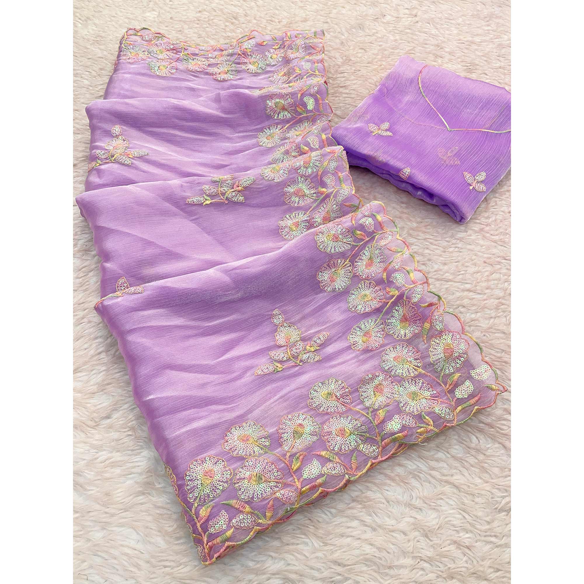 Purple Sequins Embroidered Chiffon Saree