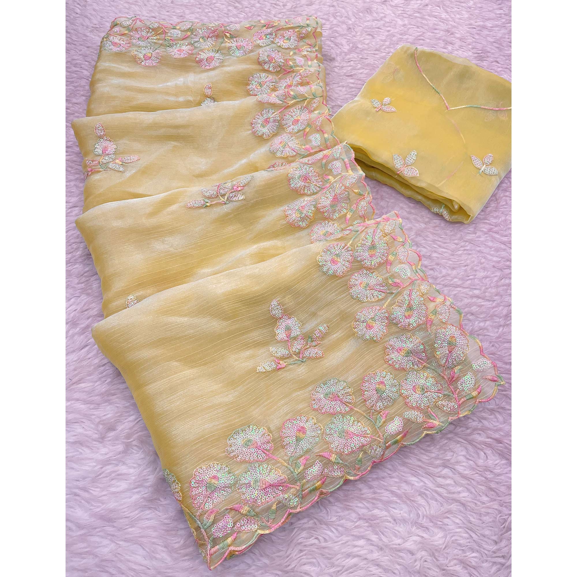 Yellow Sequins Embroidered Chiffon Saree