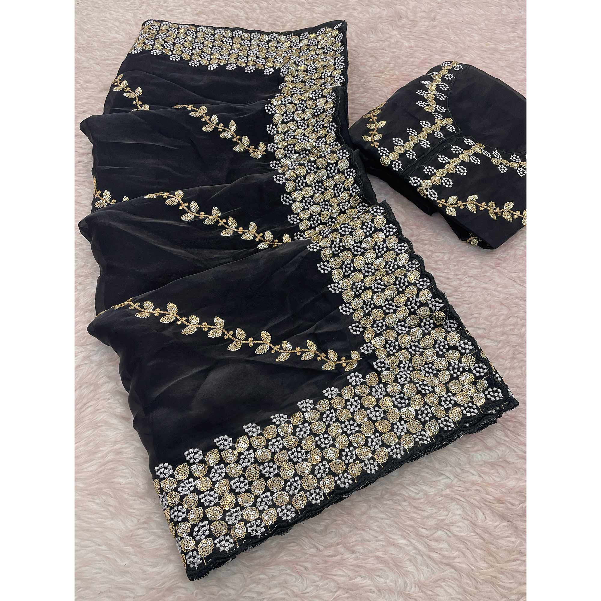 Black Sequins Embroidered Satin Saree
