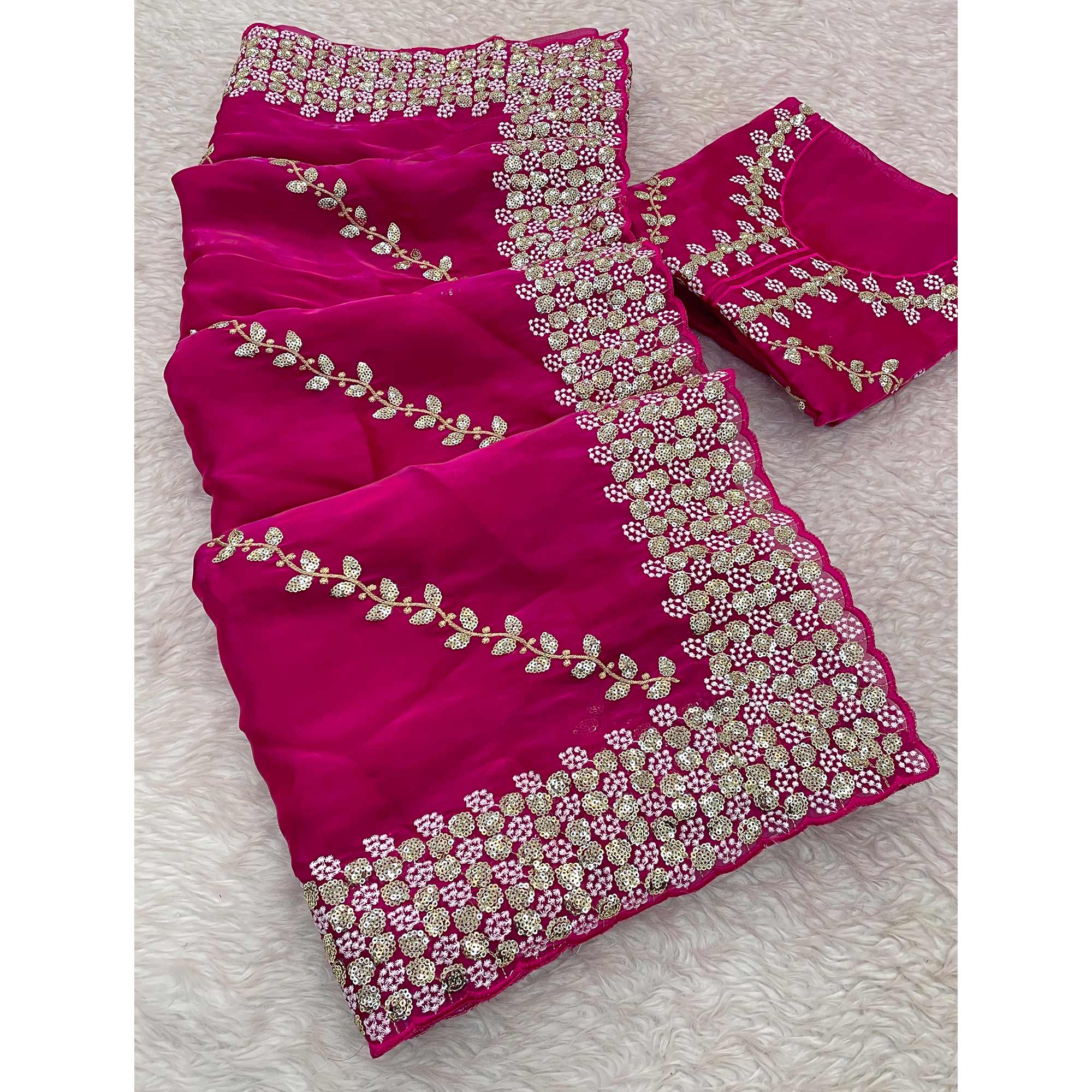 Pink Sequins Embroidered Satin Saree