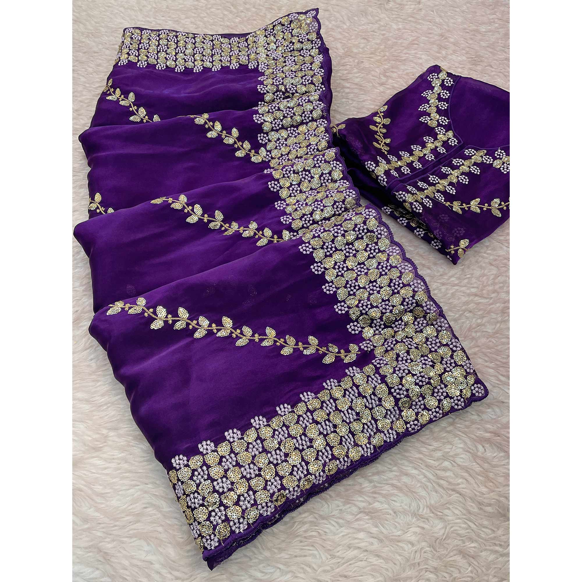 Purple Sequins Embroidered Satin Saree