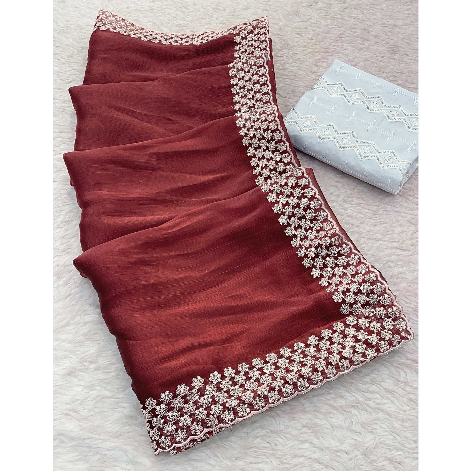 Maroon Sequins Embroidered Chiffon Saree