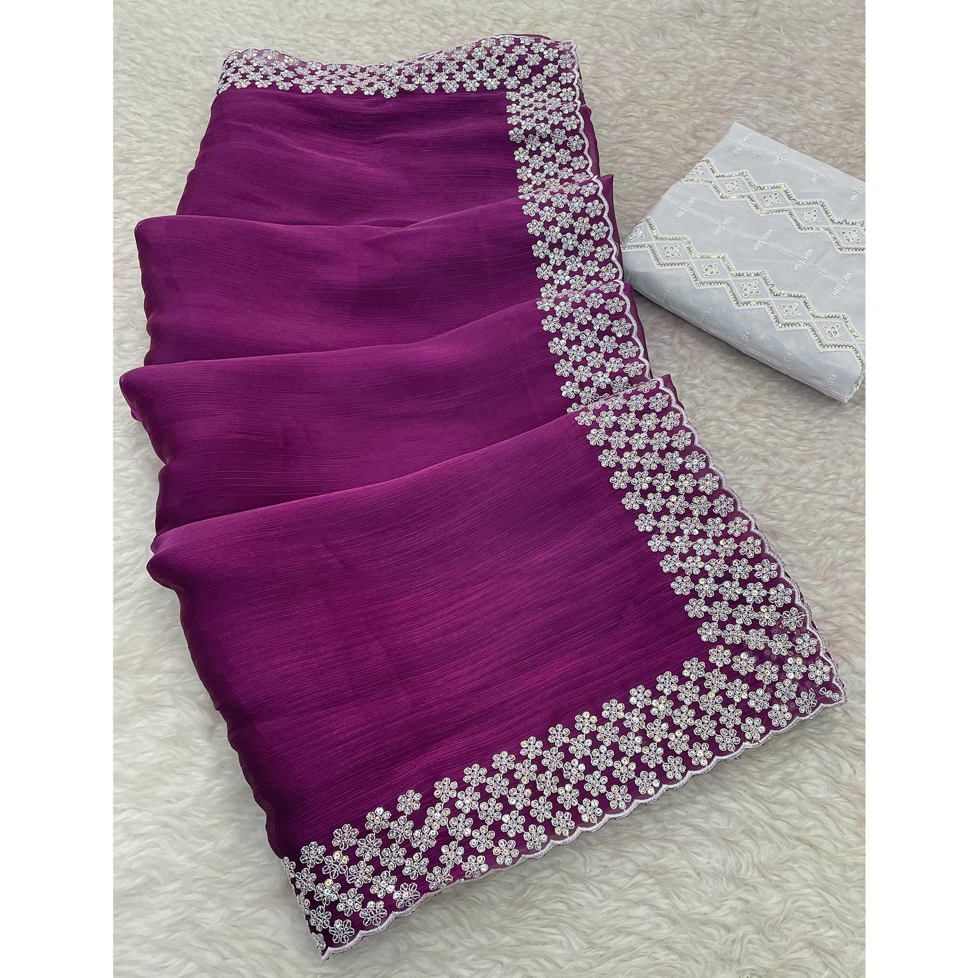 Purple Sequins Embroidered Chiffon Saree