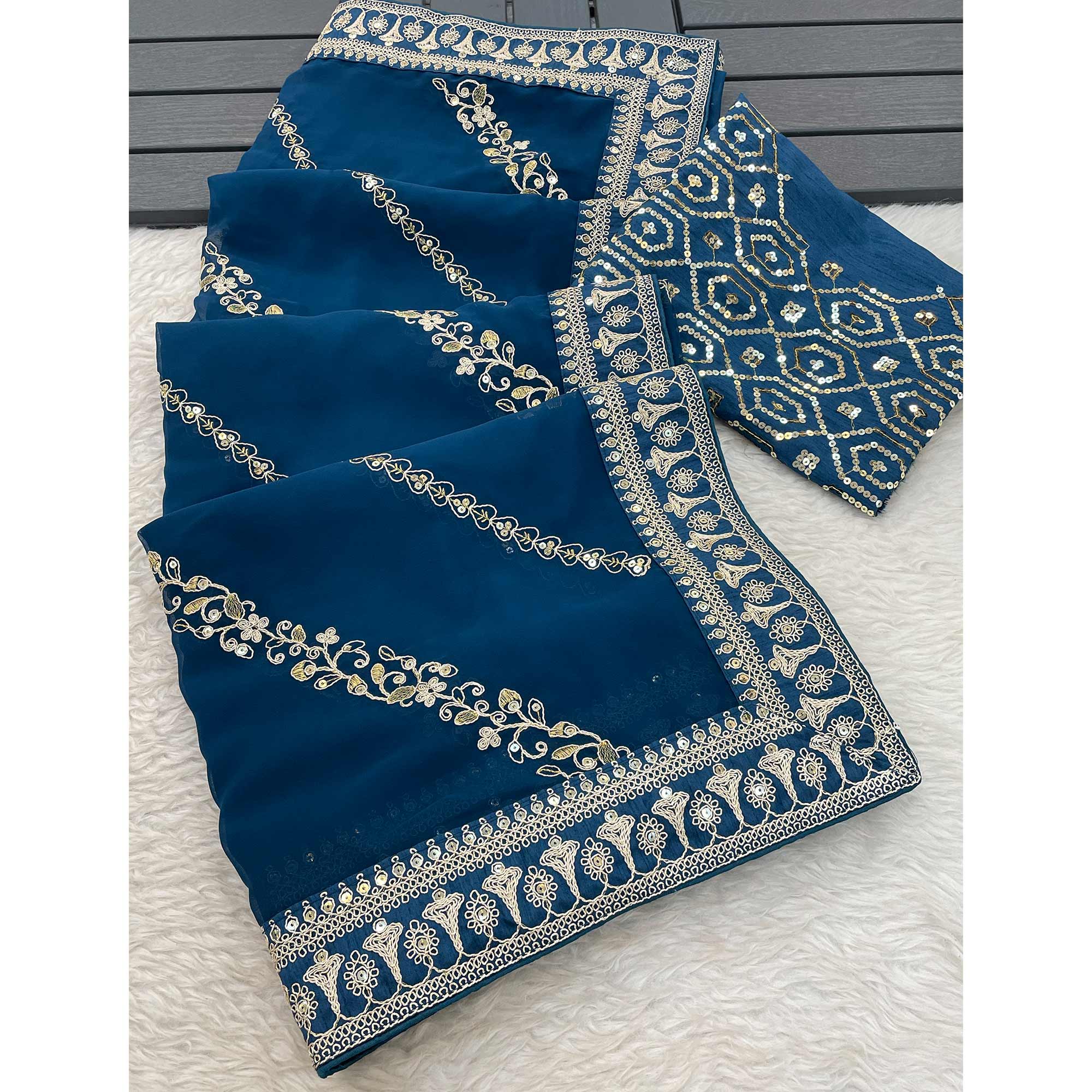 Blue Sequins Embroidered Georgette Saree