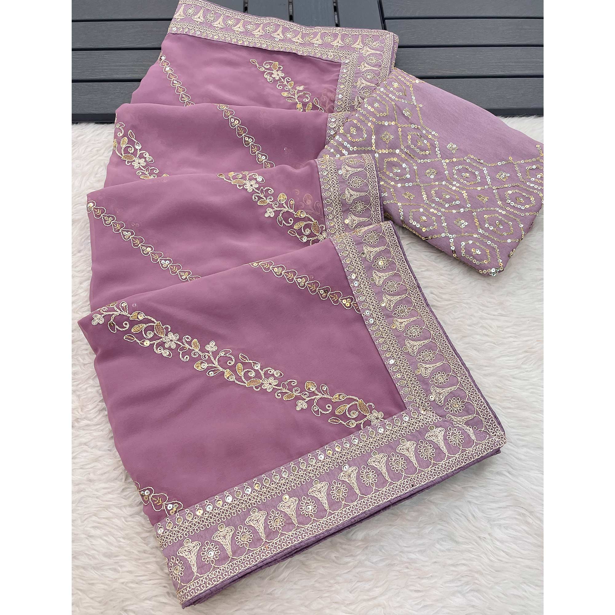 Onion Pink Sequins Embroidered Georgette Saree