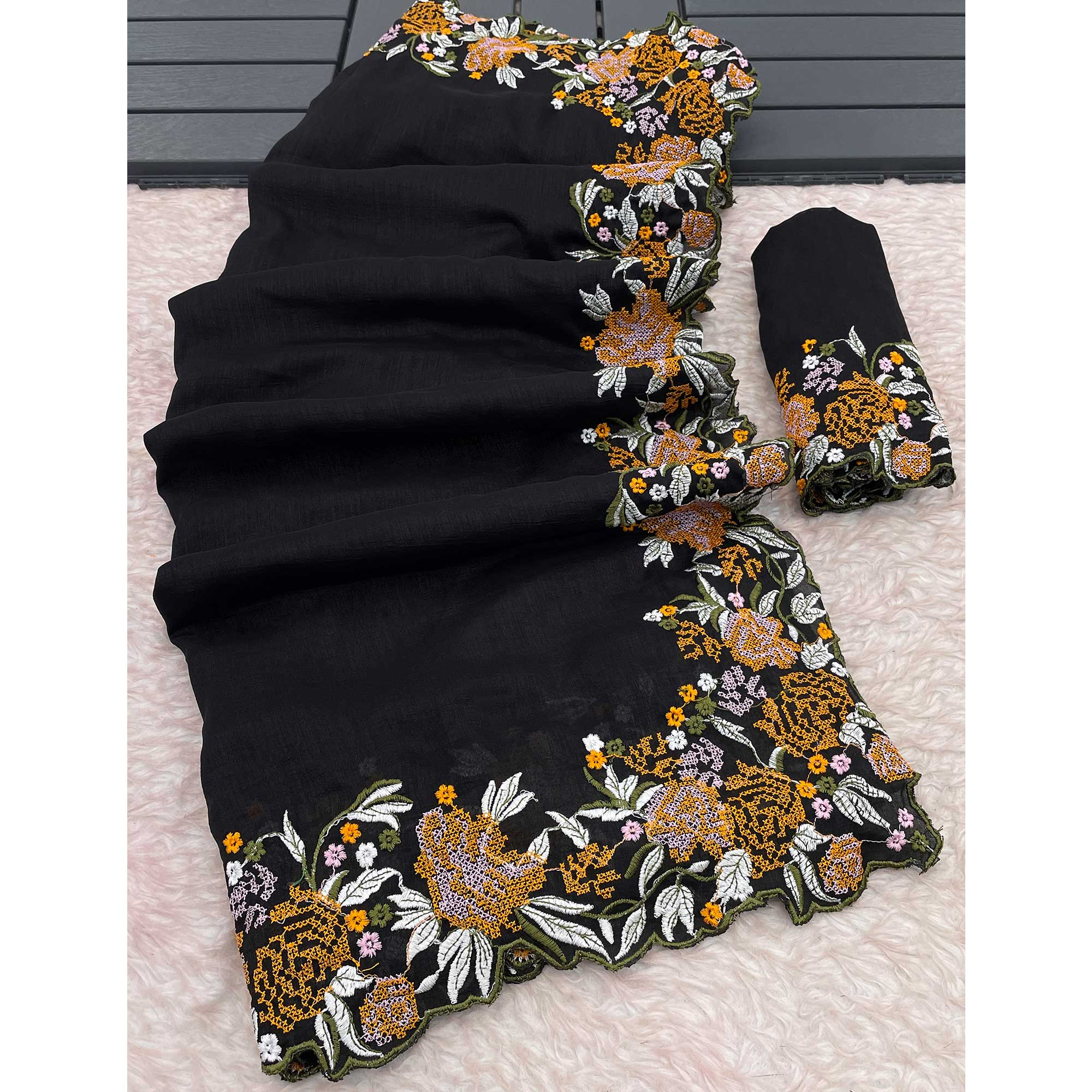 Black Embroidery Vichitra Silk Saree With Floral Border