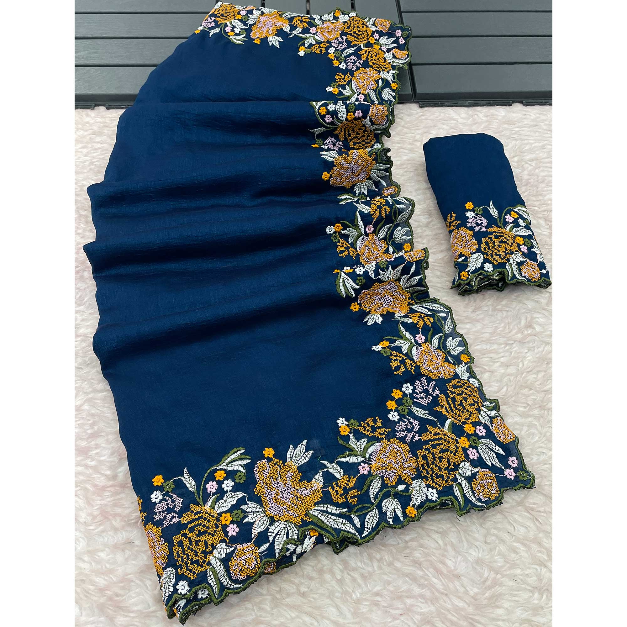 Blue Embroidery Vichitra Silk Saree With Floral Border