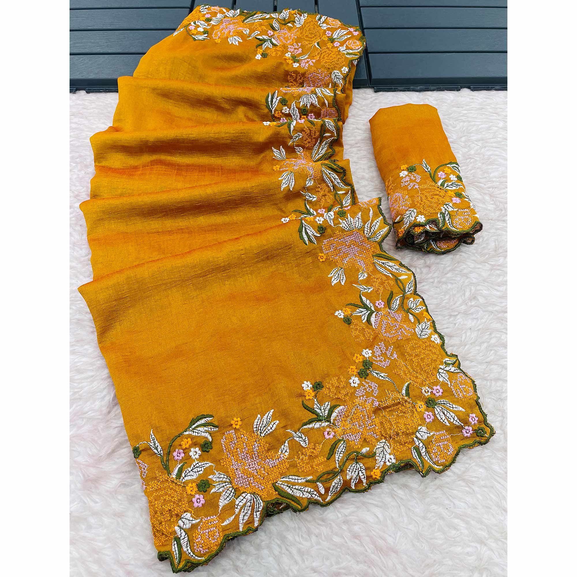 Mustard Embroidery Vichitra Silk Saree With Floral Border