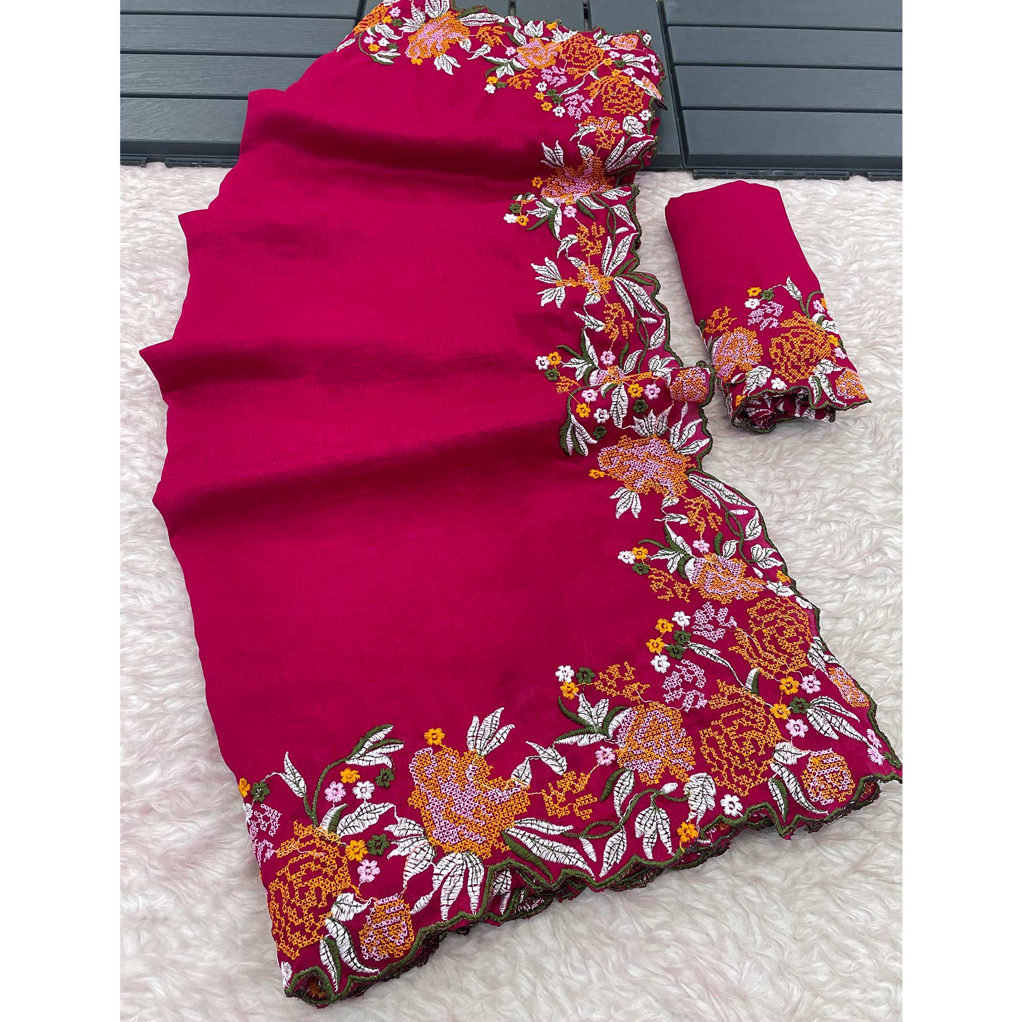 Pink Embroidery Vichitra Silk Saree With Floral Border