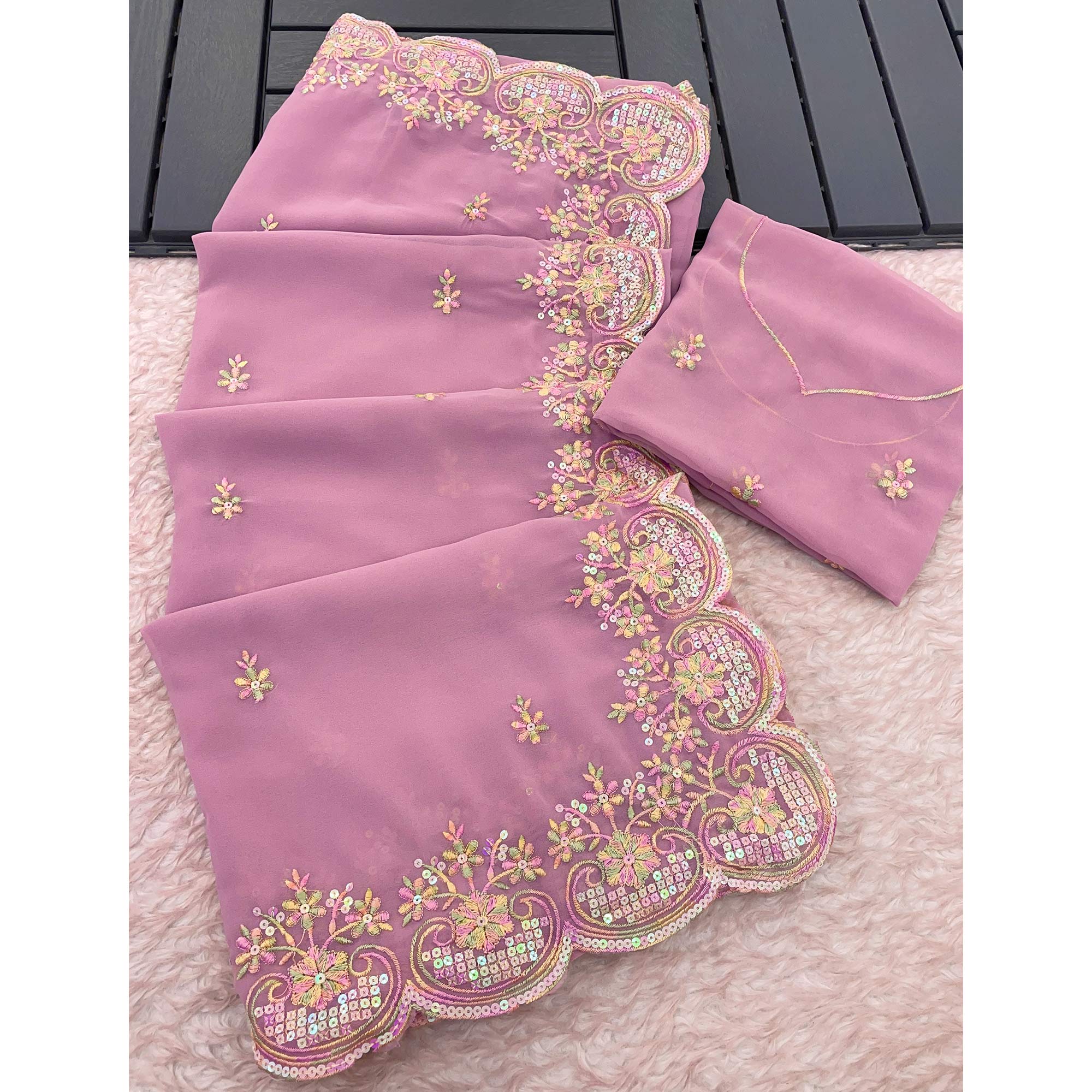 Pink Floral Sequins Embroidered Georgette Saree