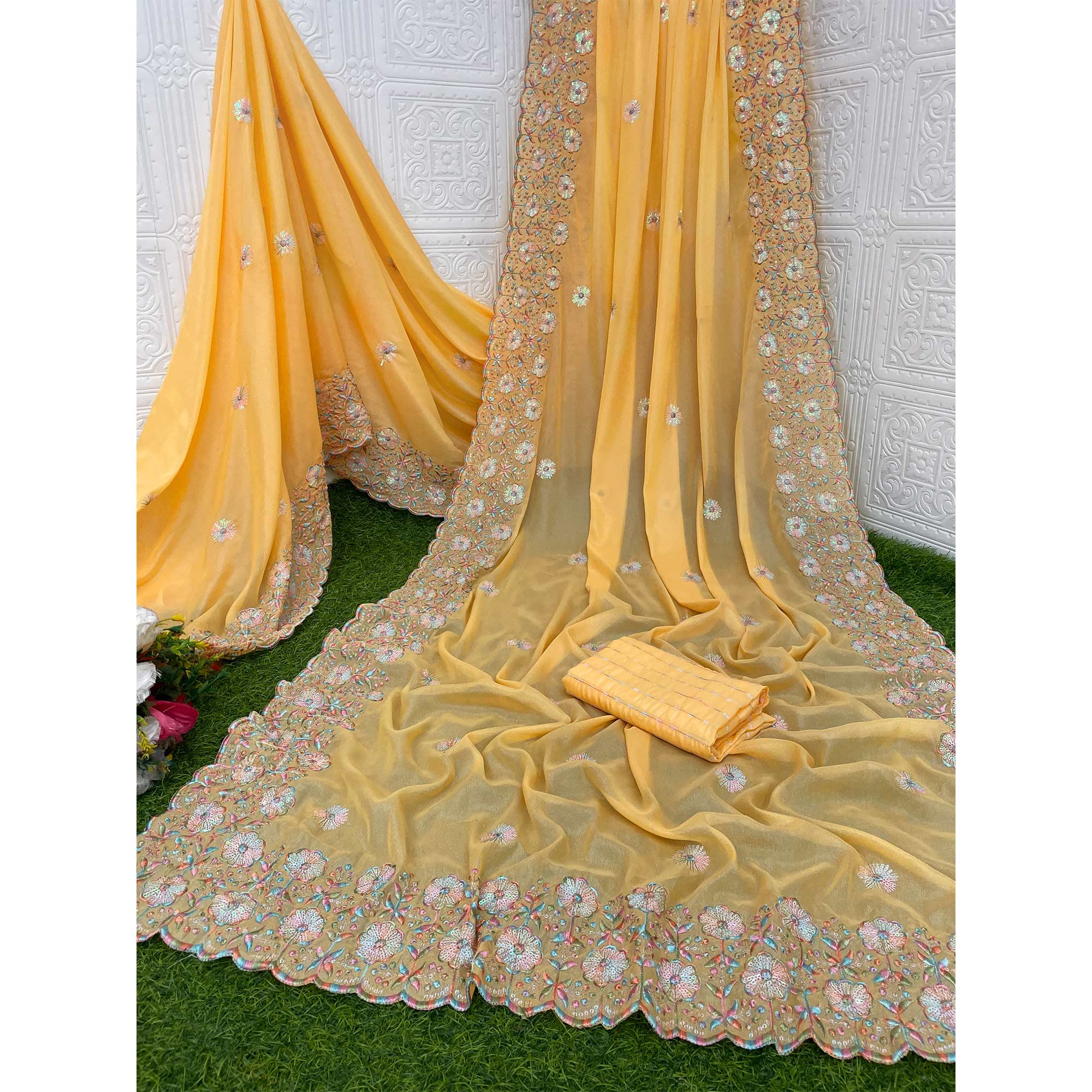 Yellow Floral Sequins Embroidered Crepe Silk Saree