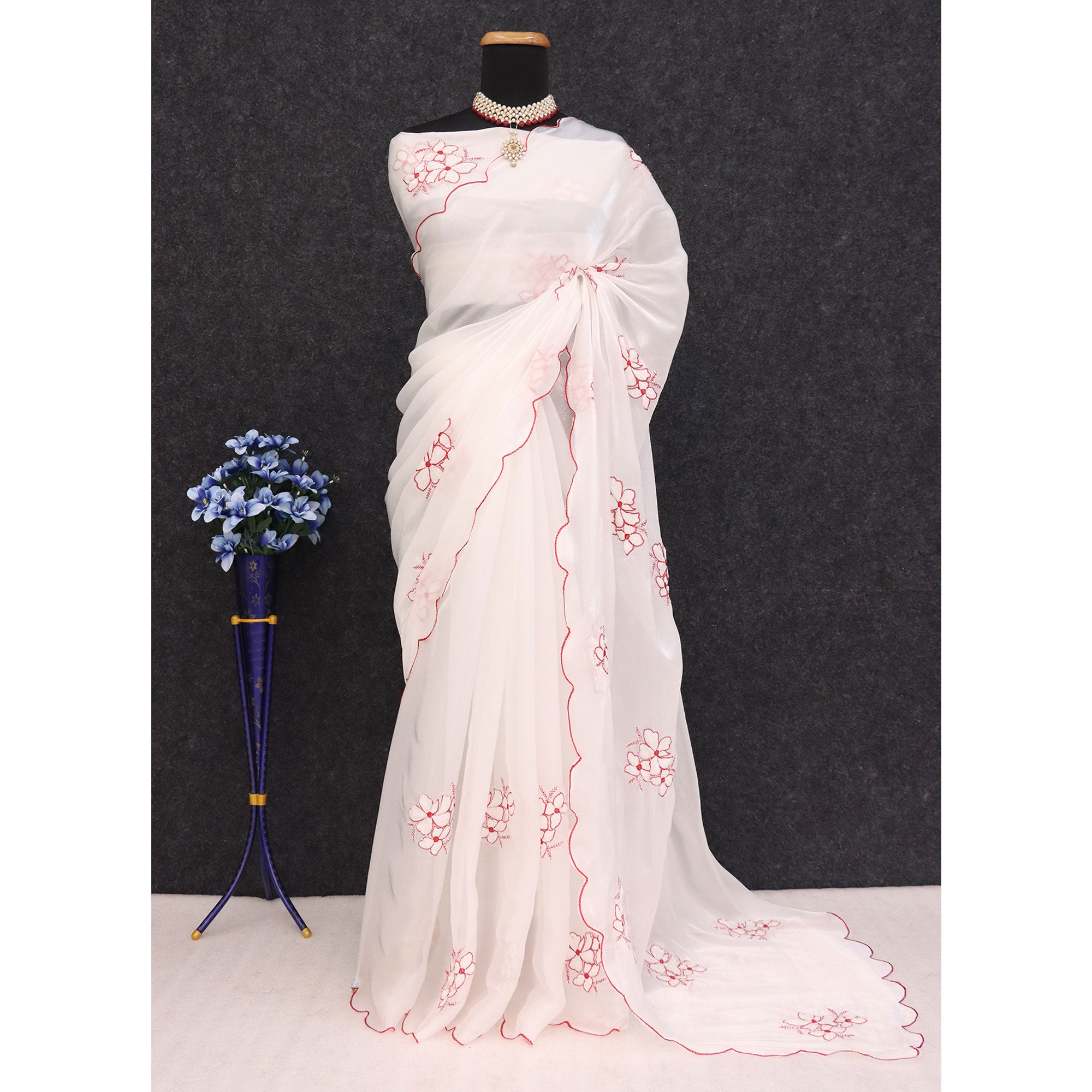 White Sequins Embroidered Satin Saree