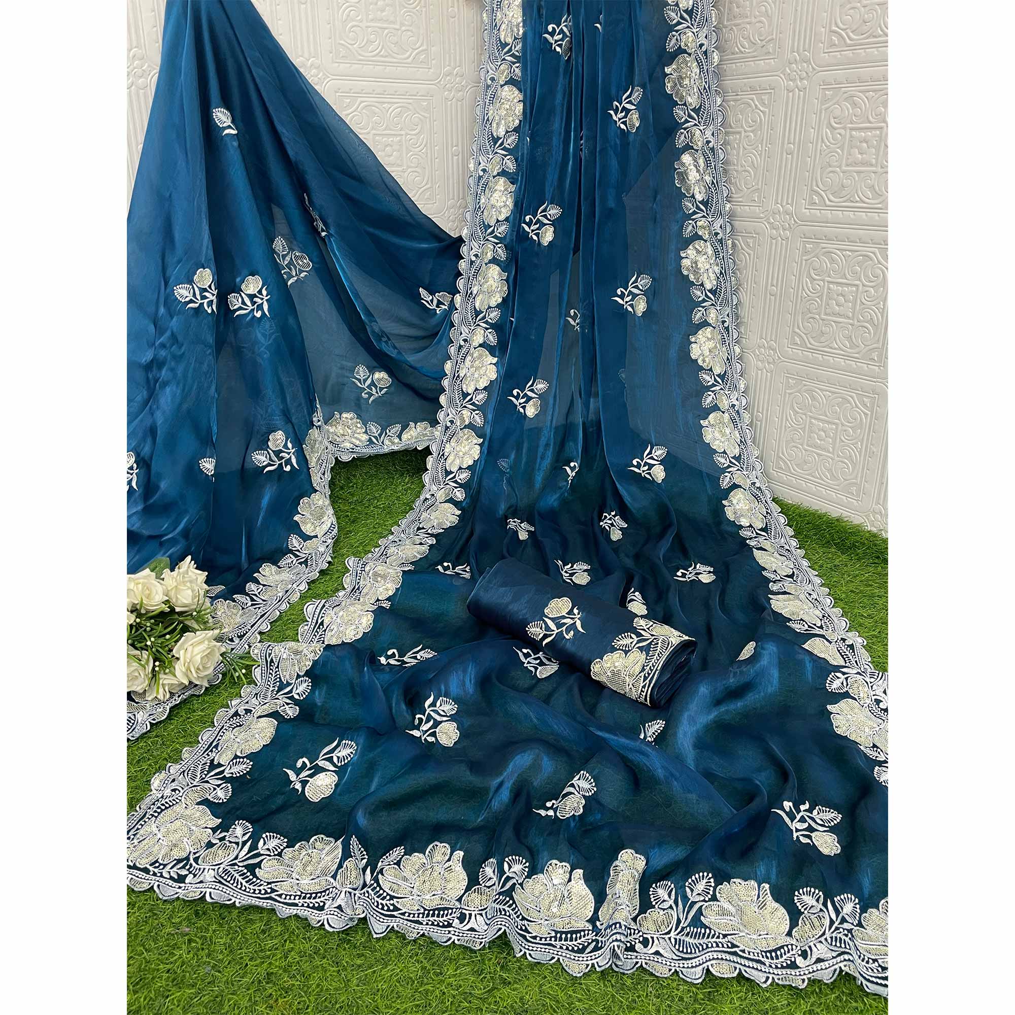 Blue Floral Embroidered Satin Saree