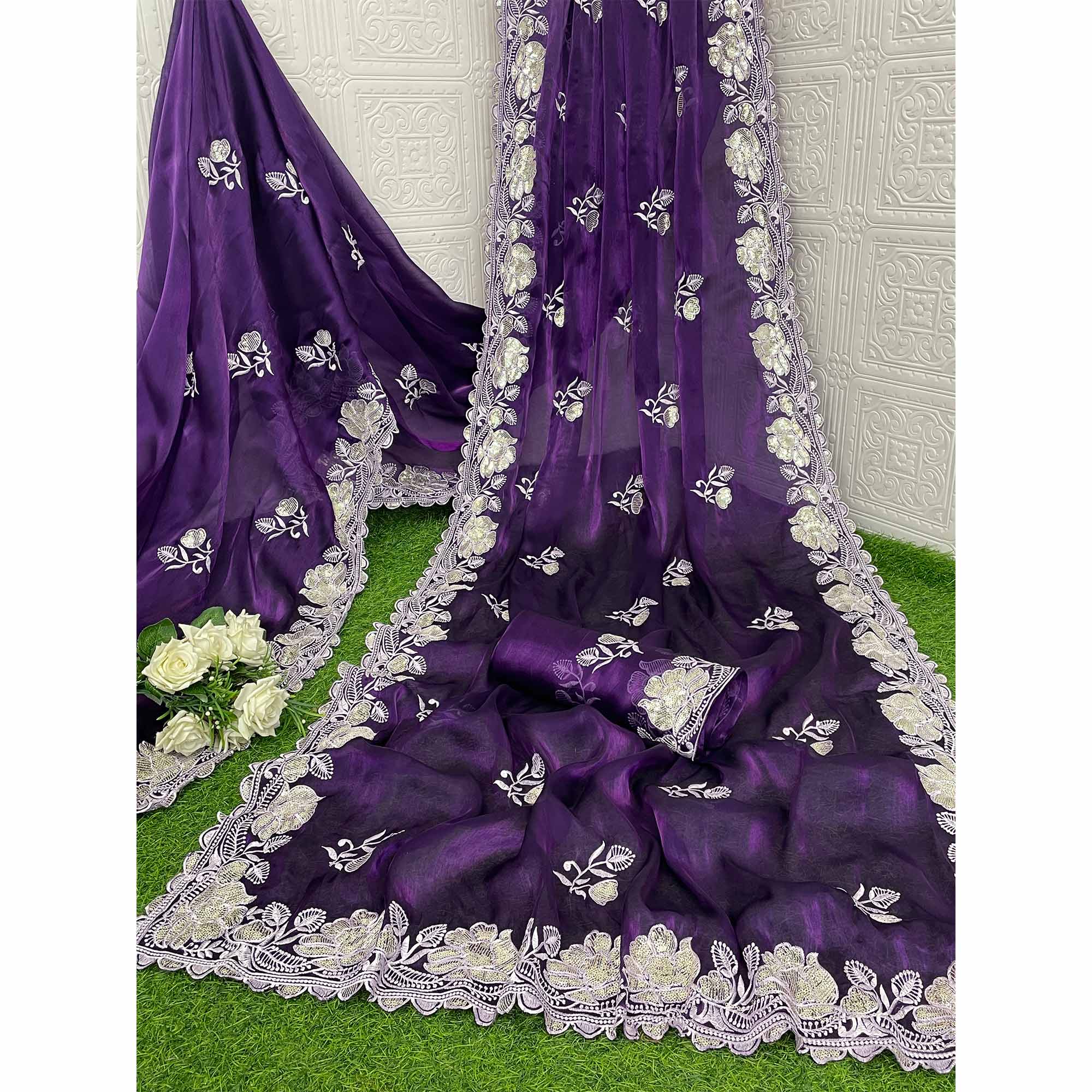 Purple Floral Embroidered Satin Saree