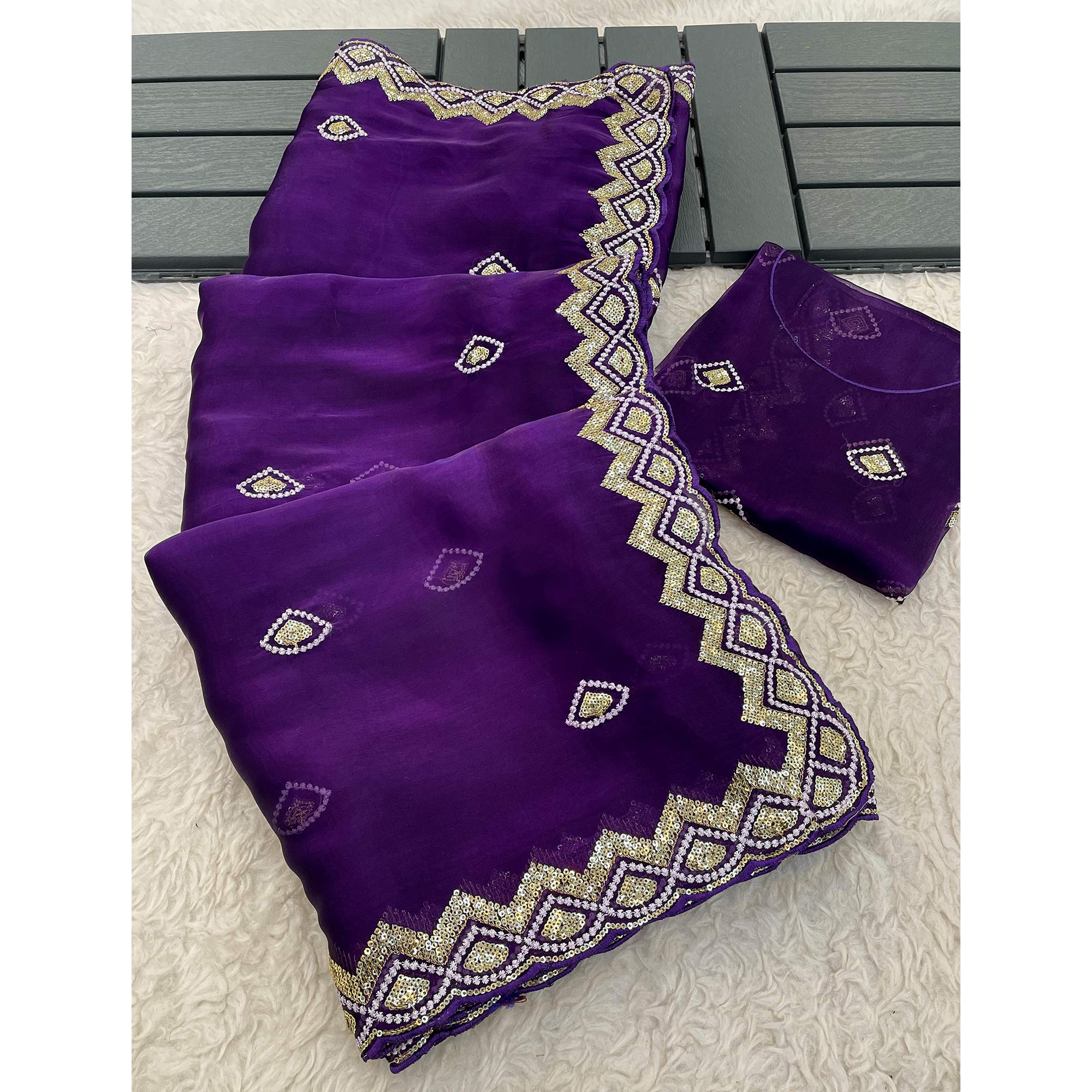 Violet Sequins Embroidered Satin Saree
