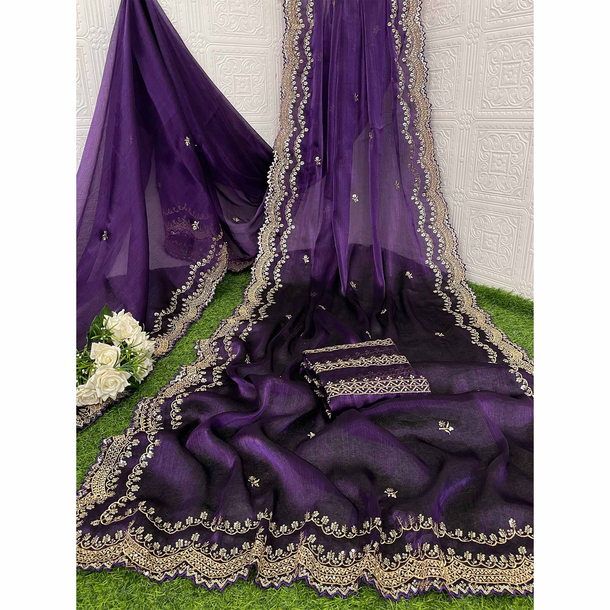 Purple Embroidered Chiffon Saree