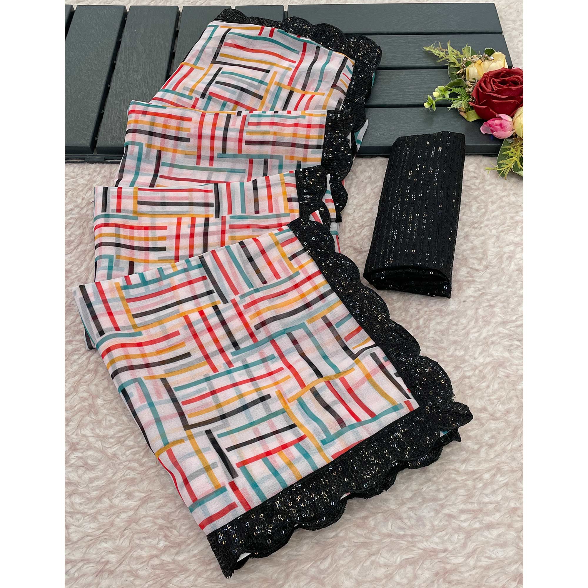 White Printed Georgette Saree With Sequins Border