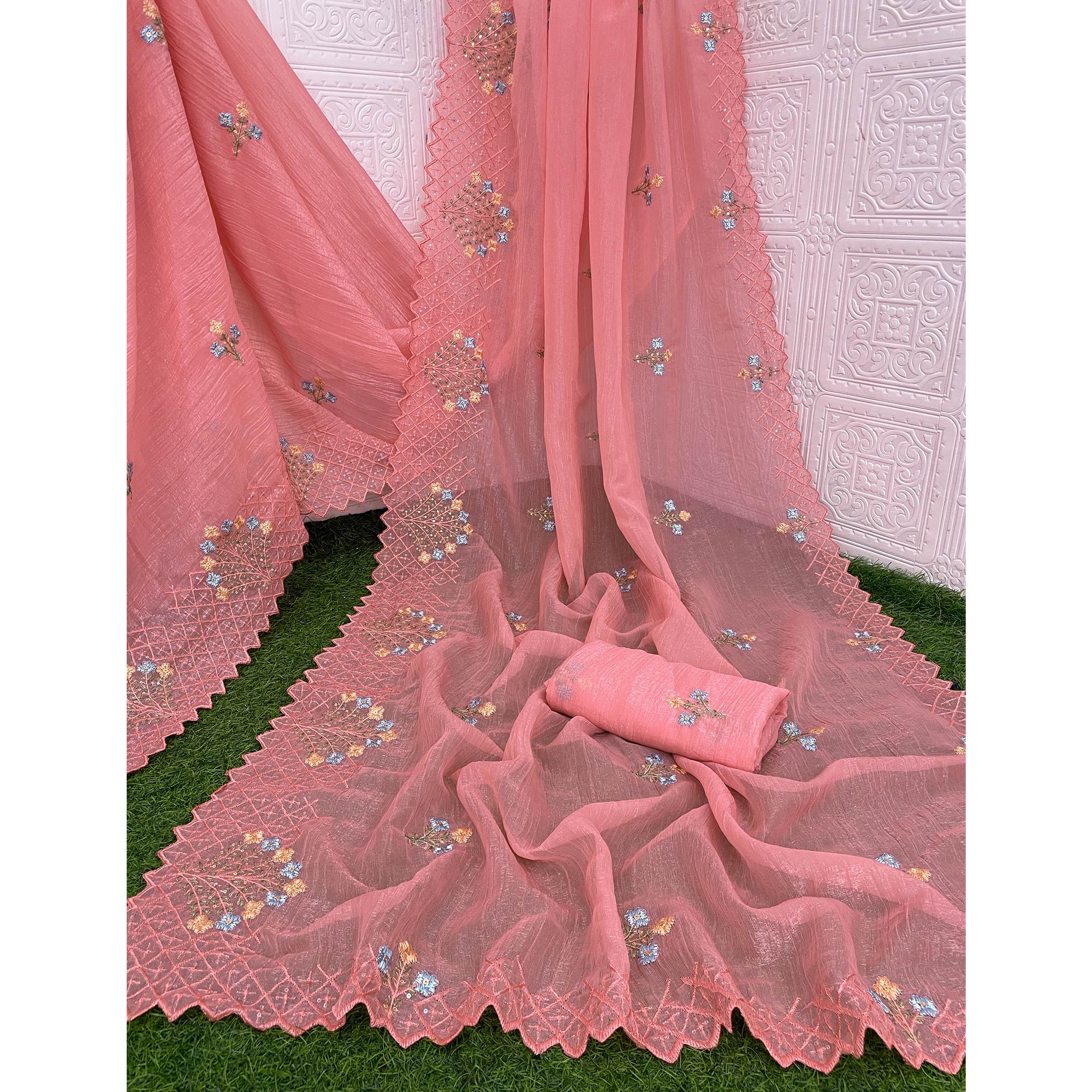 Peach Floral Sequins Embroidered Art Silk Crush Saree