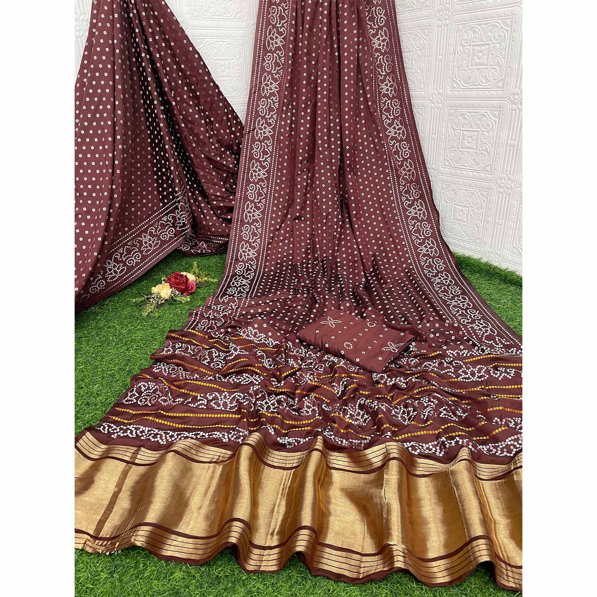 Brown Bandhani Zari Woven Dola Silk Saree