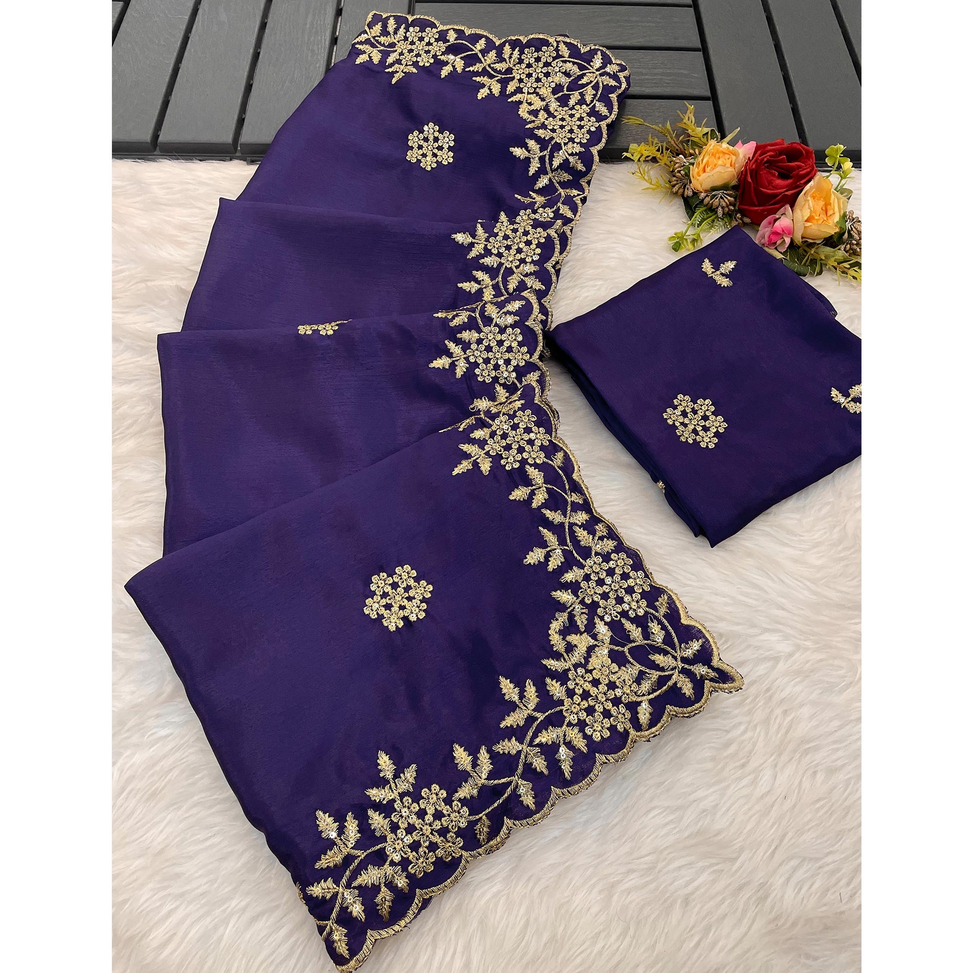 Purple Floral Sequins Embroidered Chinon Saree