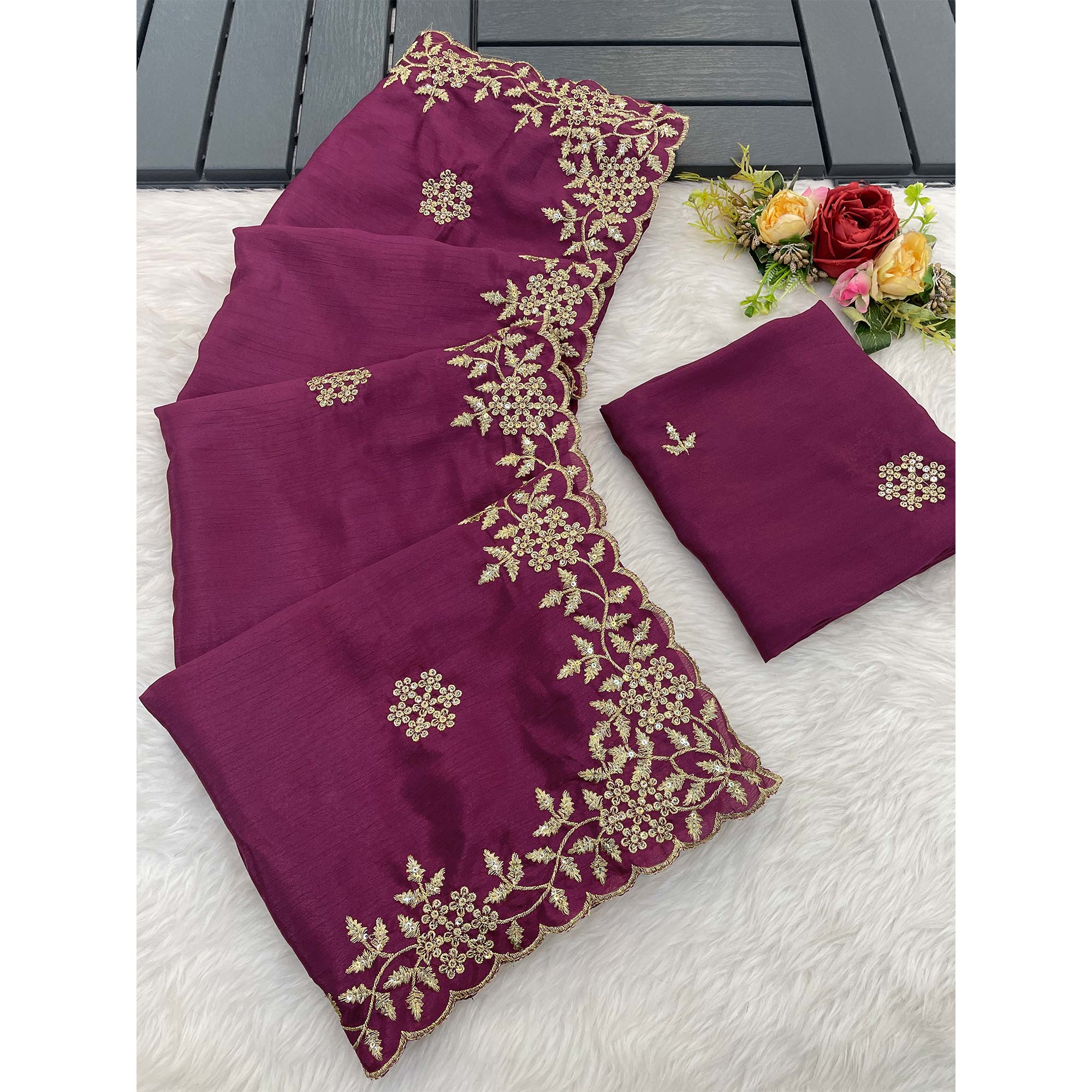 Wine Floral Sequins Embroidered Chinon Saree
