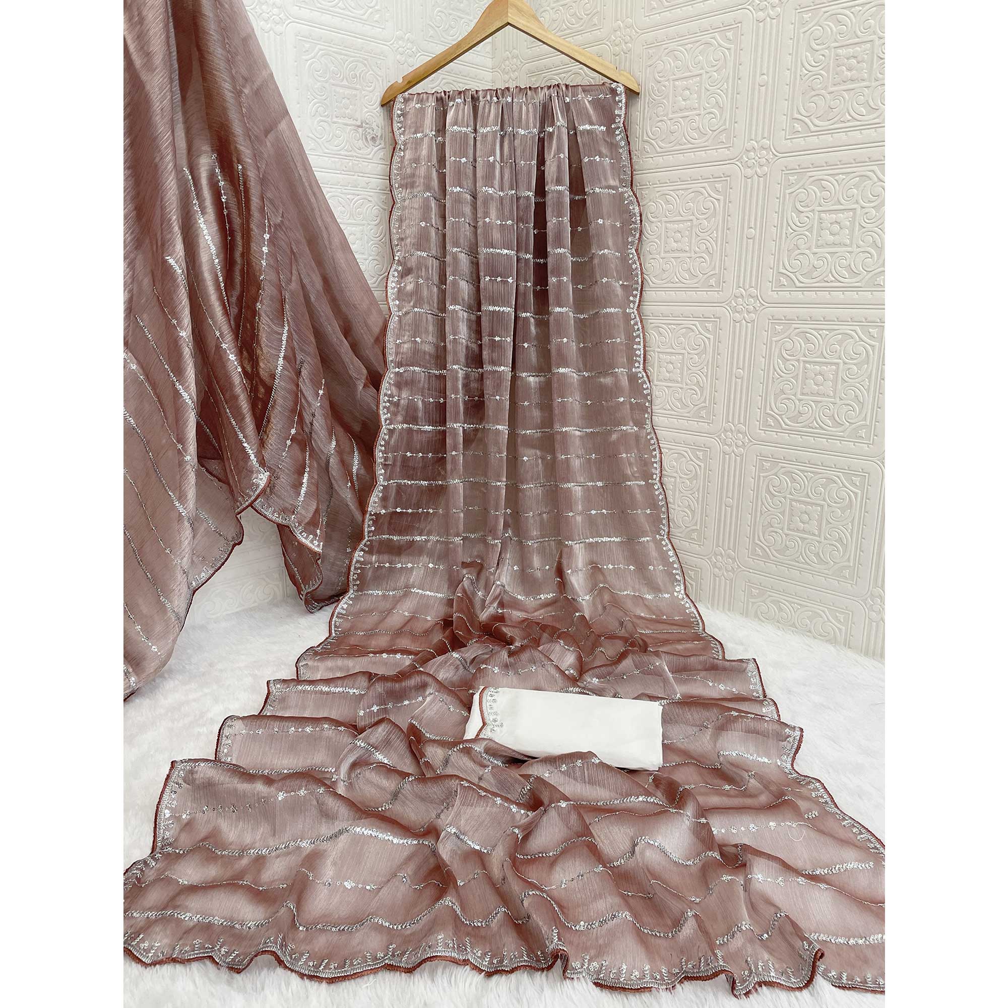 Brown Sequins Work Embroidered Chiffon Saree