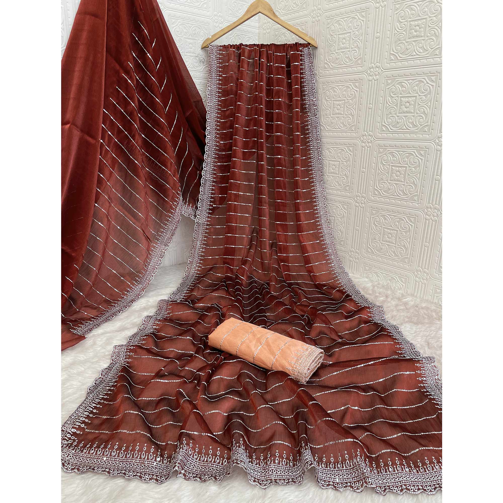 Maroon Sequins Embroidered Chiffon Saree