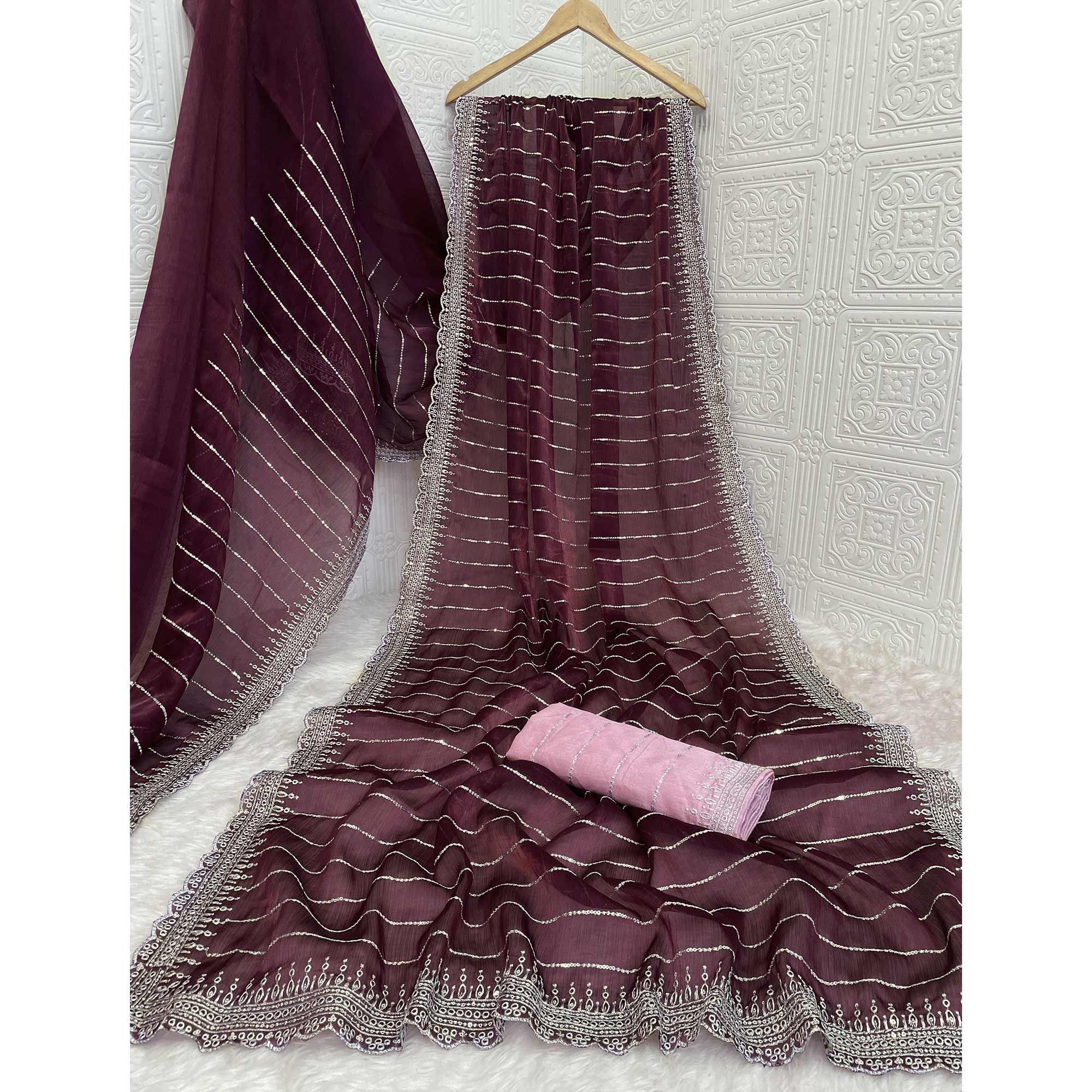 Wine Sequins Embroidered Chiffon Saree