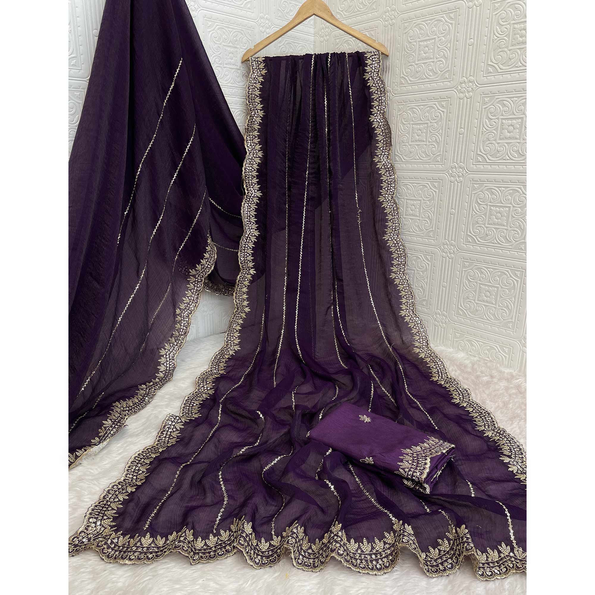 Purple Sequins Work Embroidered Chiffon Saree