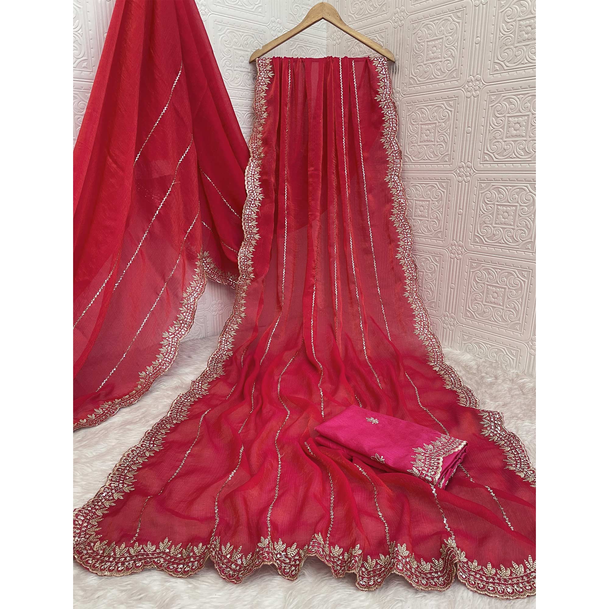 Rani Pink Sequins Work Embroidered Chiffon Saree