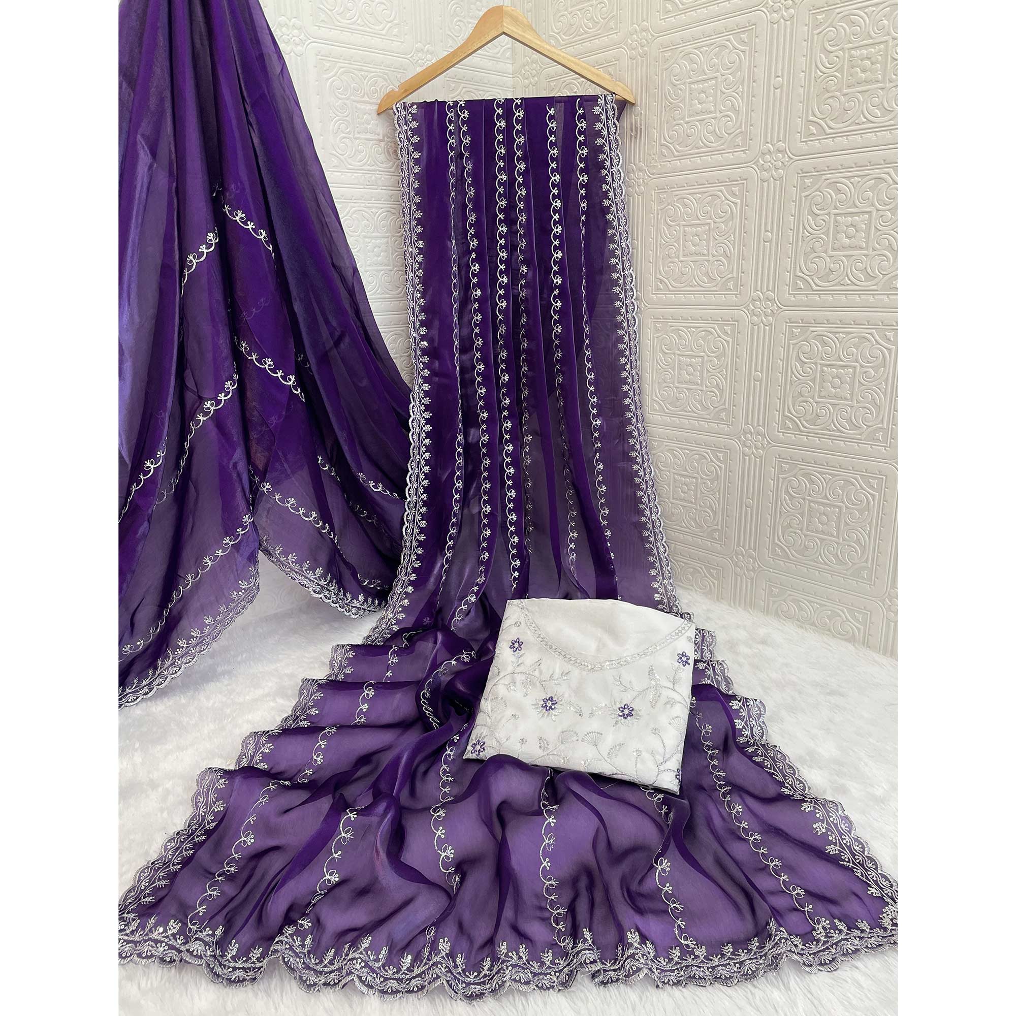 Purple Sequins Embroidered Satin Saree