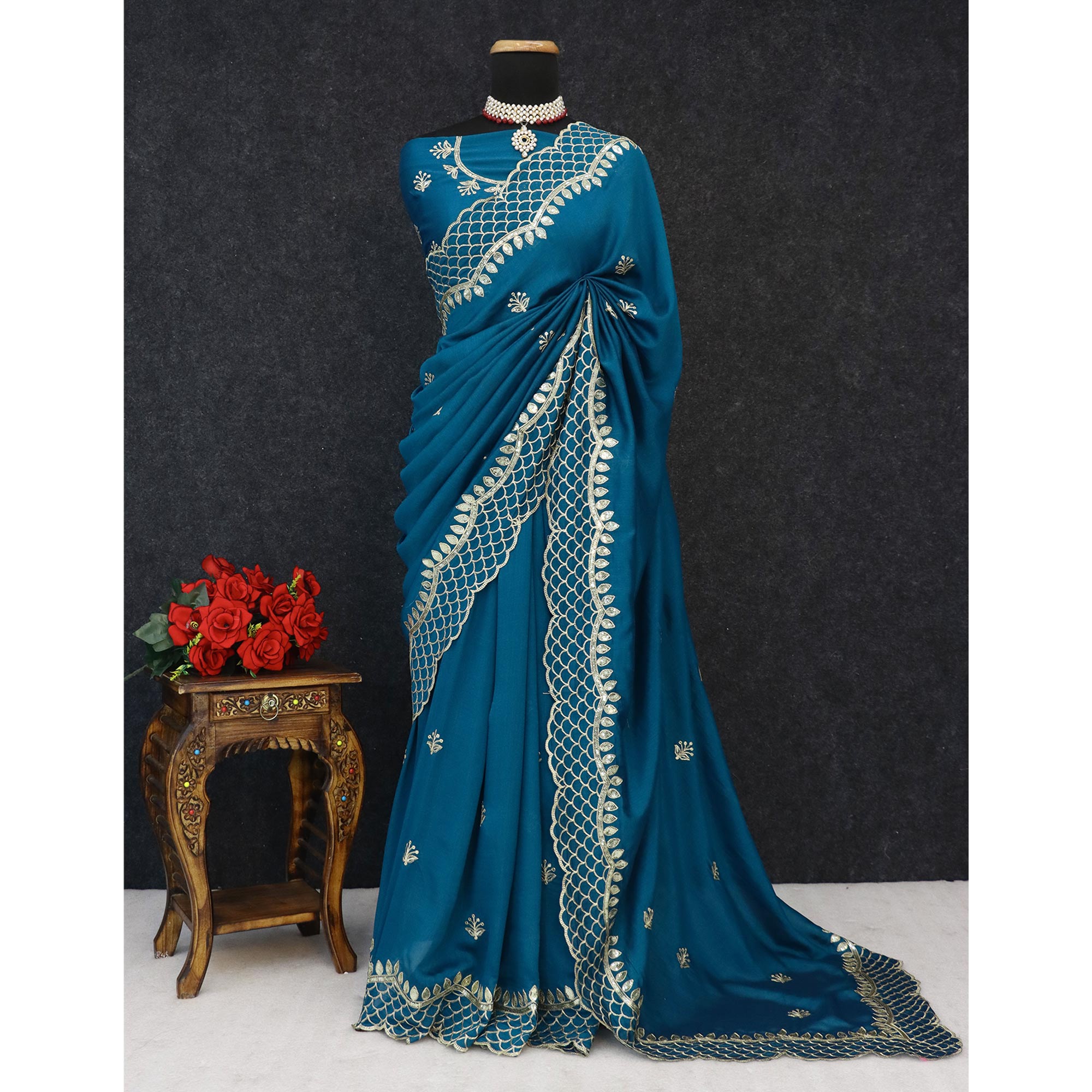 Teal Sequins Embroidered Vichitra Silk Saree