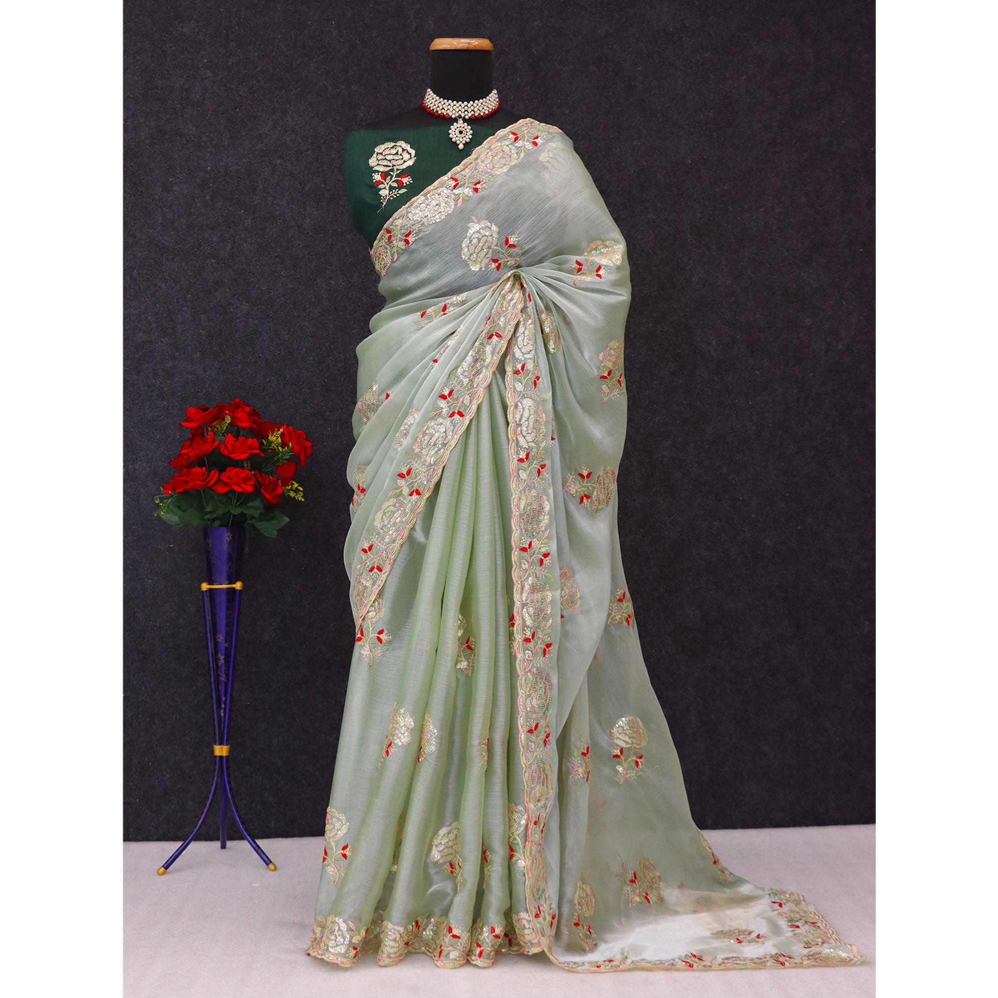 Green Sequins Work Embroidered Chiffon Saree