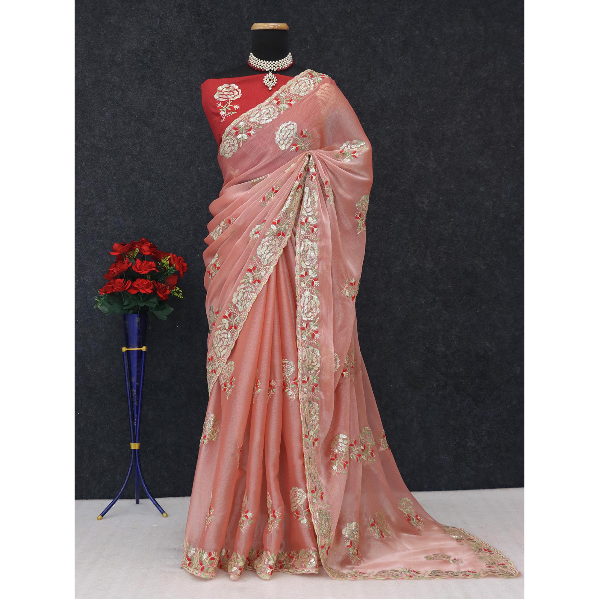 Peach Sequins Work Embroidered Chiffon Saree