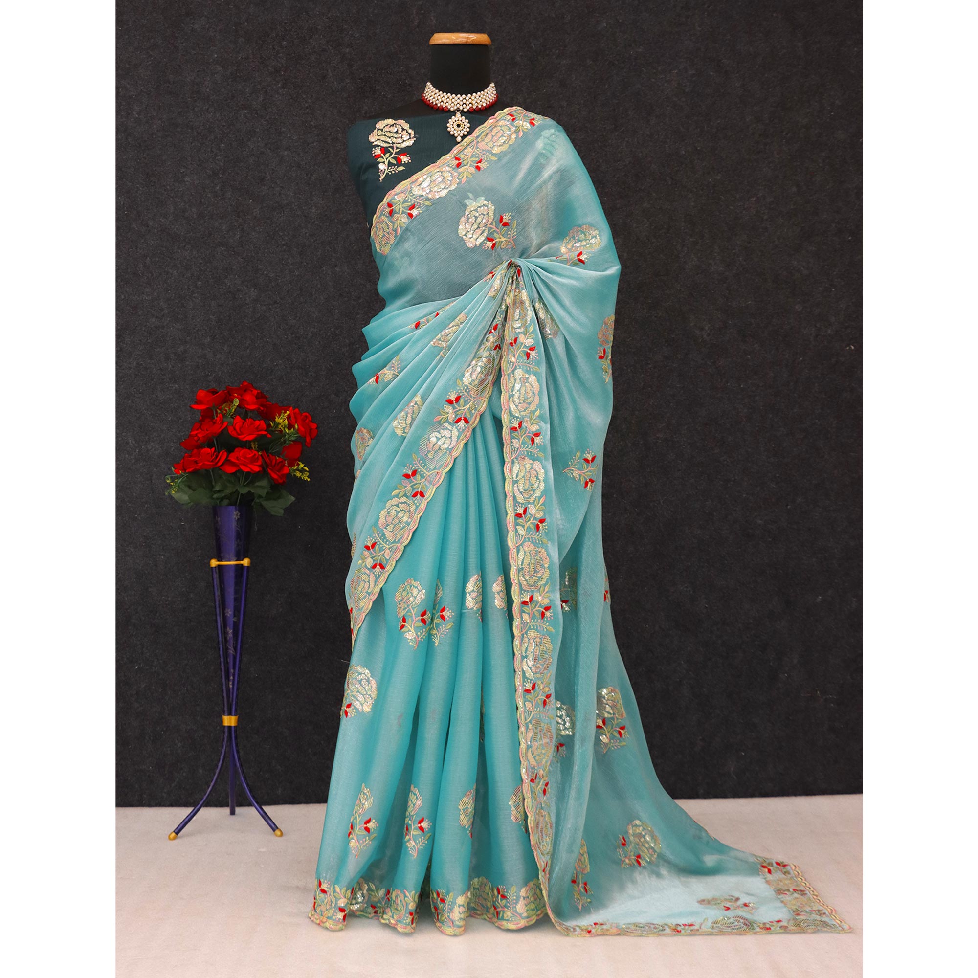 Sky Blue Sequins Work Embroidered Chiffon Saree