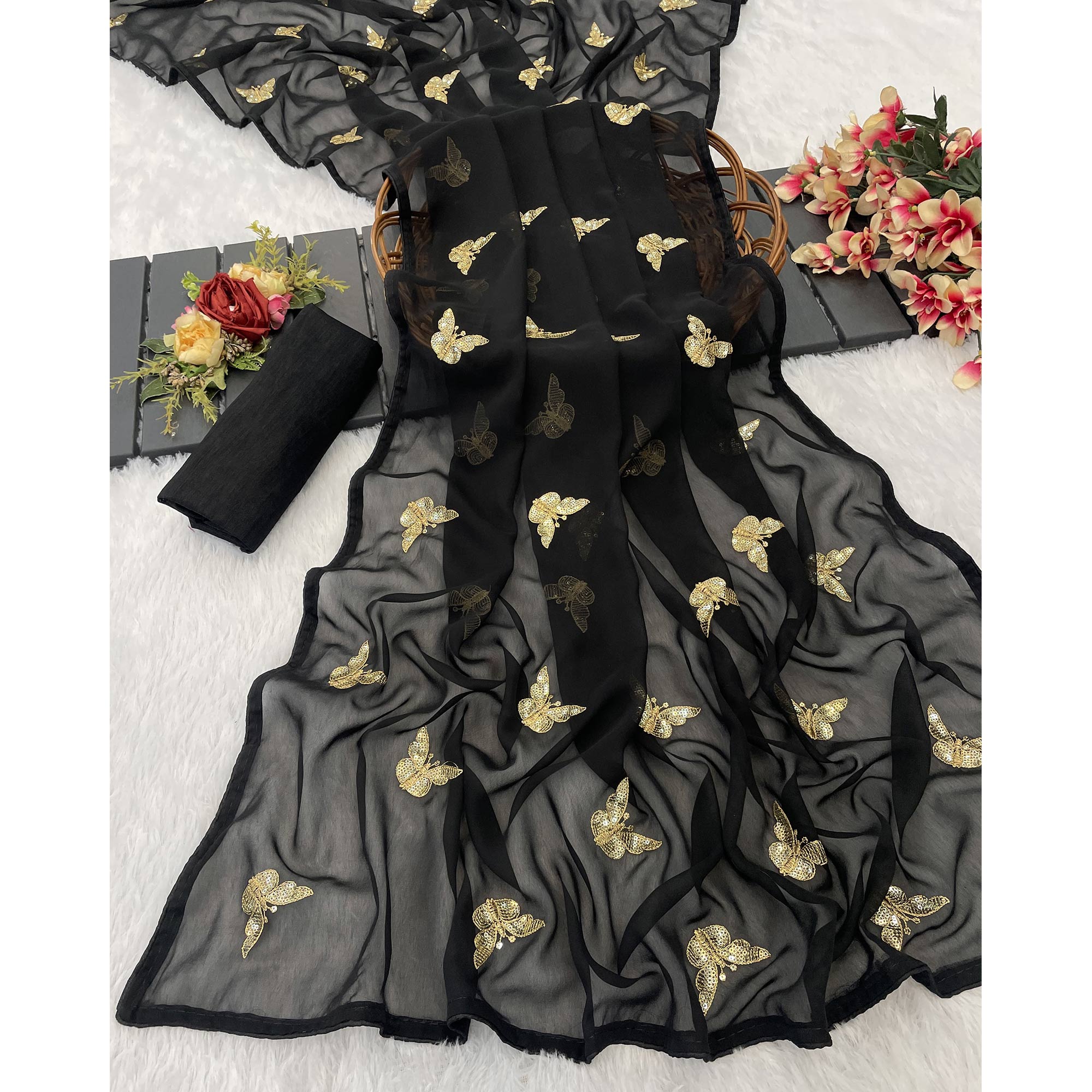 Black Embroidered Georgette Saree With Shimmering Butterfly Sequin Work