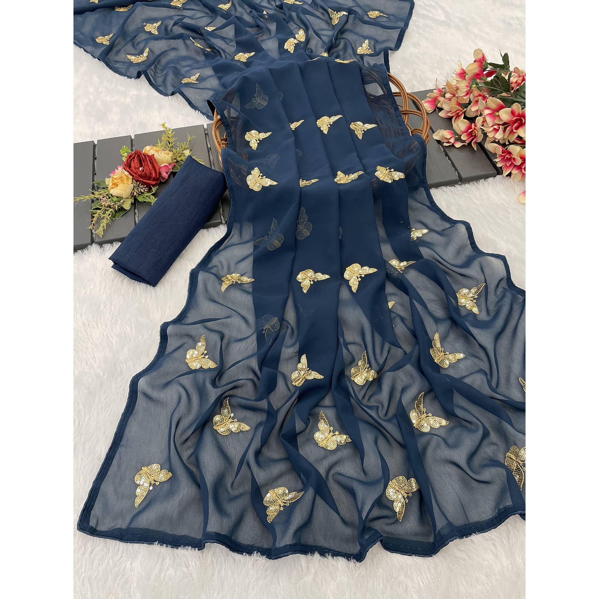 Blue Embroidered Georgette Saree With Shimmering Butterfly Sequin Work