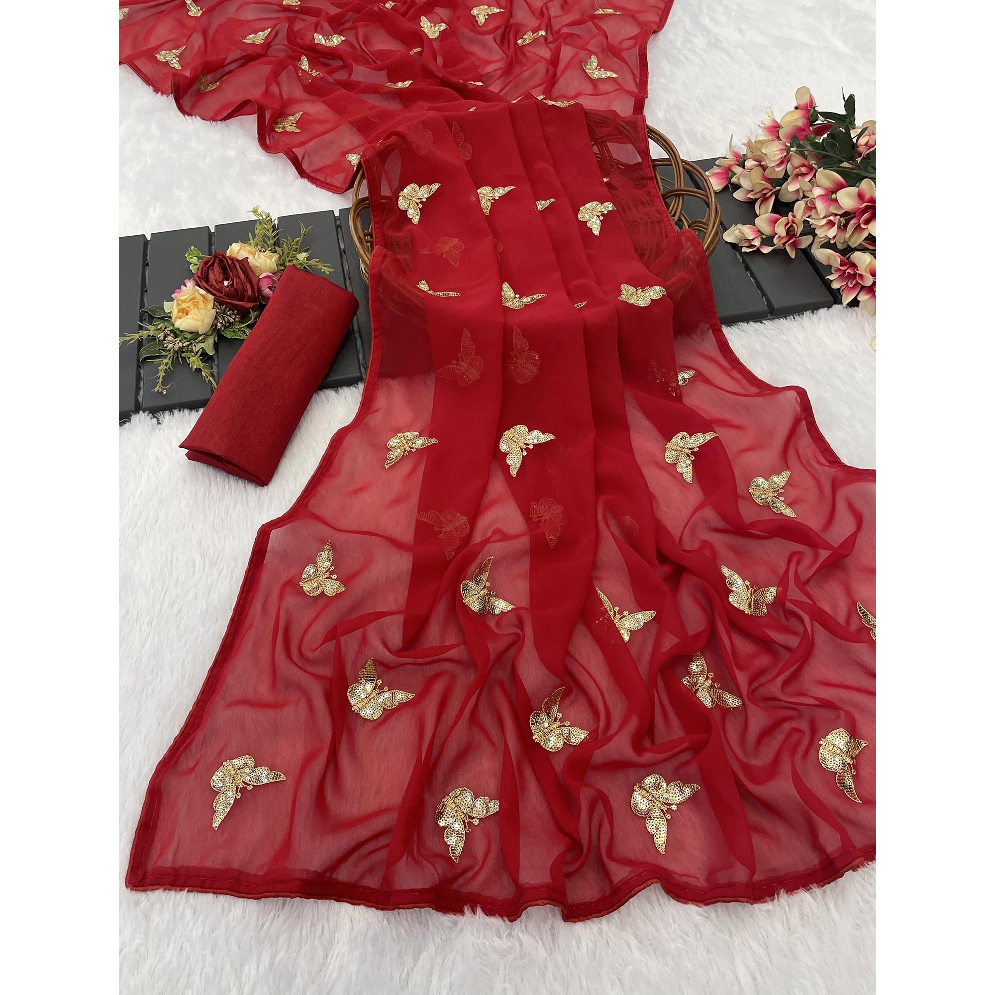 Red Embroidered Georgette Saree With Shimmering Butterfly Sequin Work