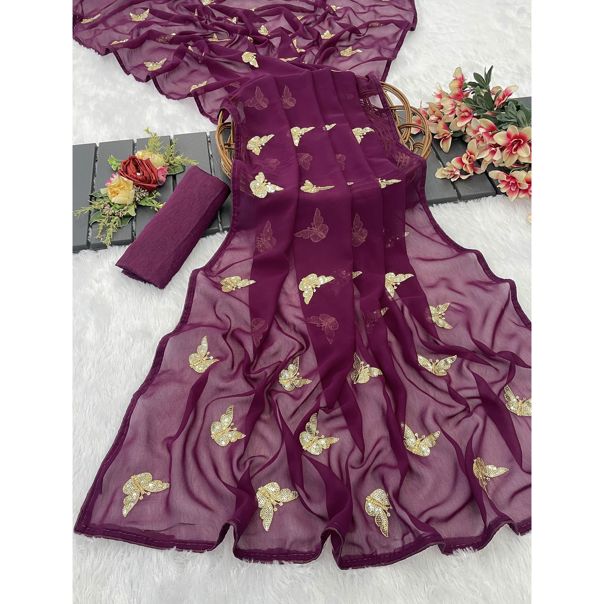 Wine Embroidered Georgette Saree With Shimmering Butterfly Sequin Work