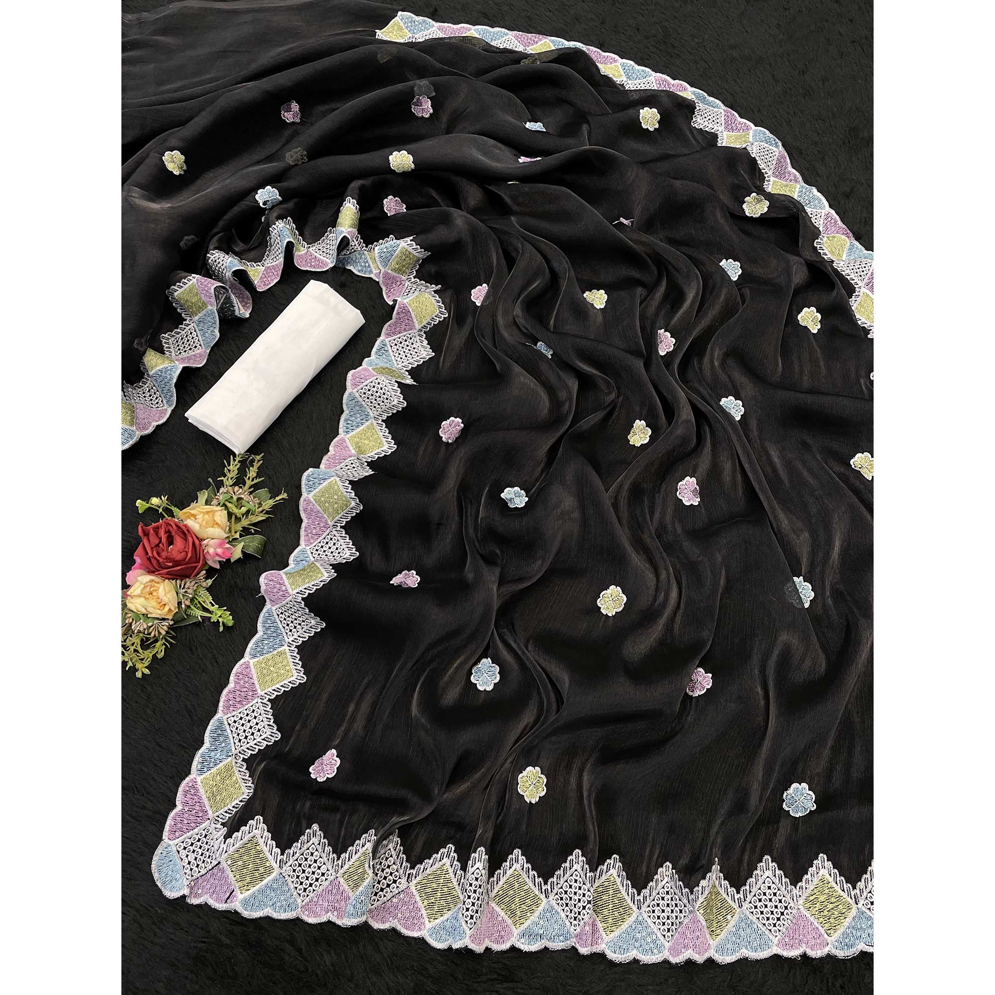 Elegant Black Chiffon Silk Saree Adorned With Delicate Floral Sequin Work