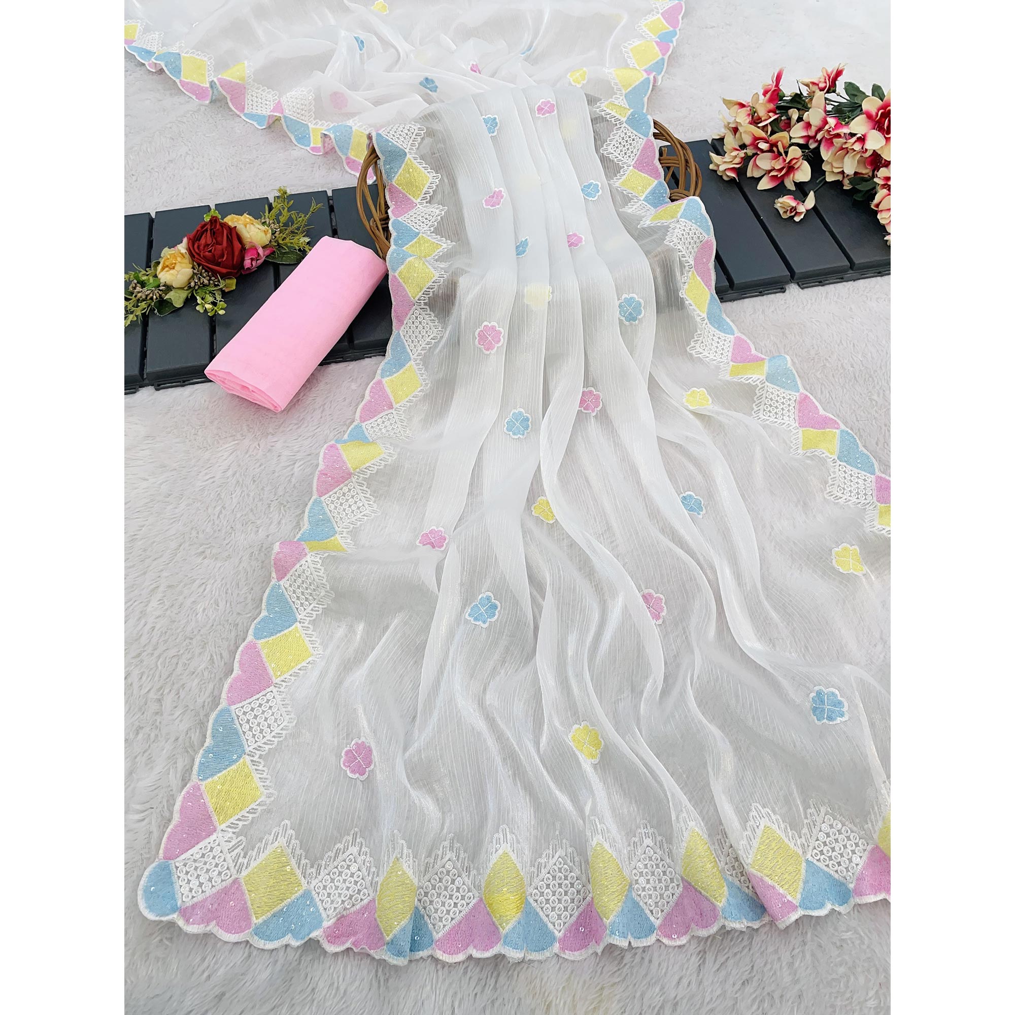 Graceful White Chiffon Silk Saree Adorned With Delicate Floral Sequin Work