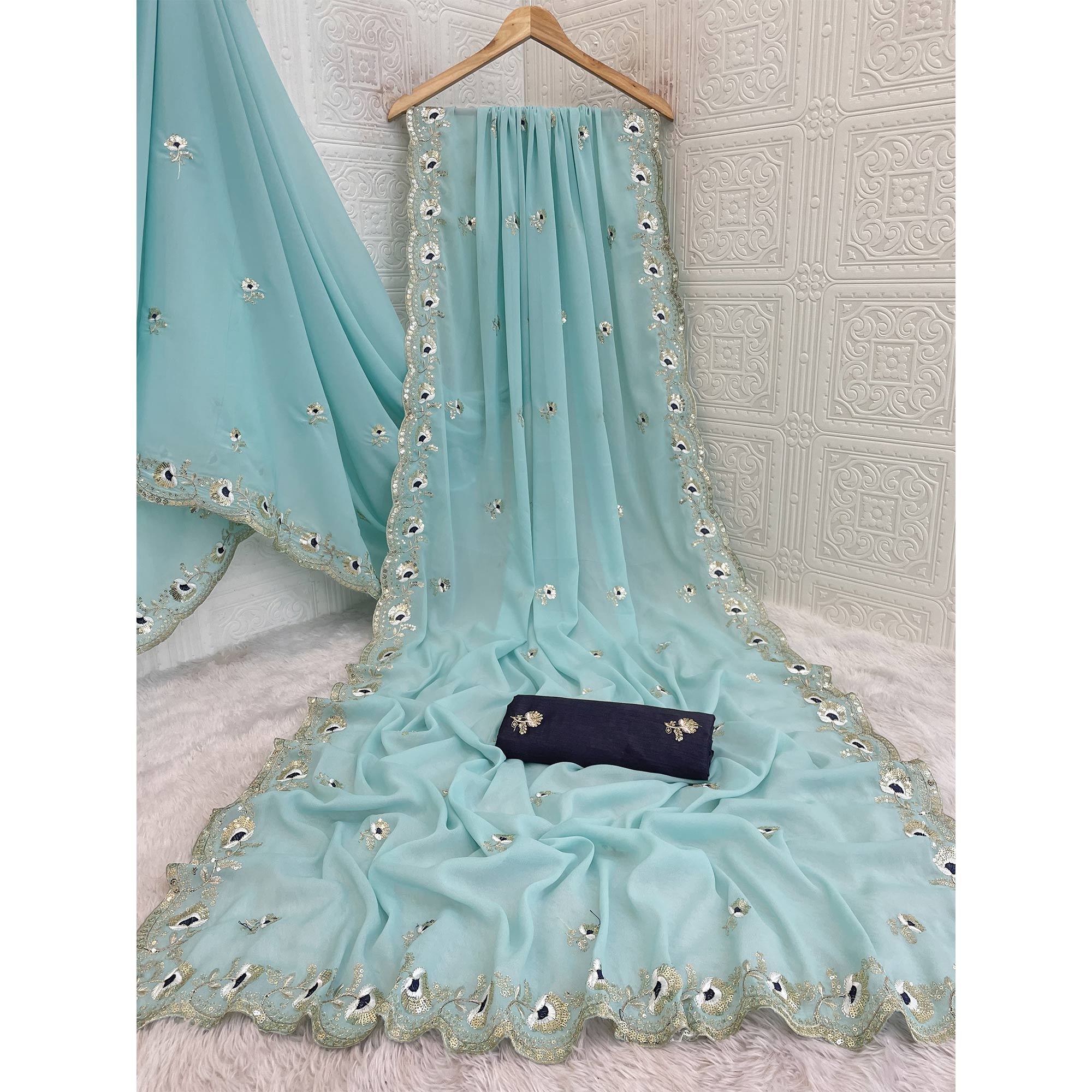 Blue Georgette Silk Saree With Floral Sequin Embroidery & Graceful Cutwork Detailing Border