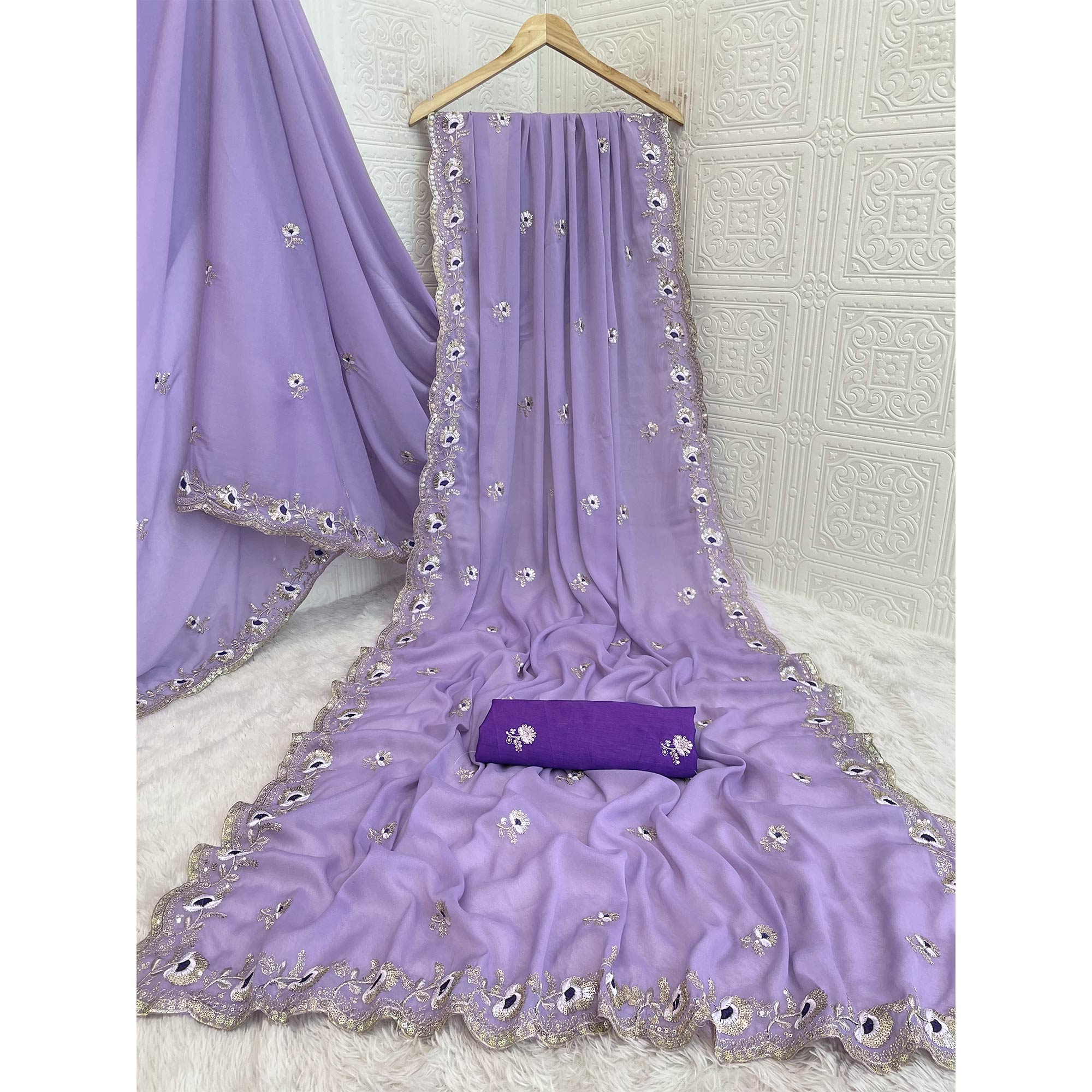 Lavender Georgette Silk Saree With Floral Sequin Embroidery & Graceful Cutwork Detailing Border