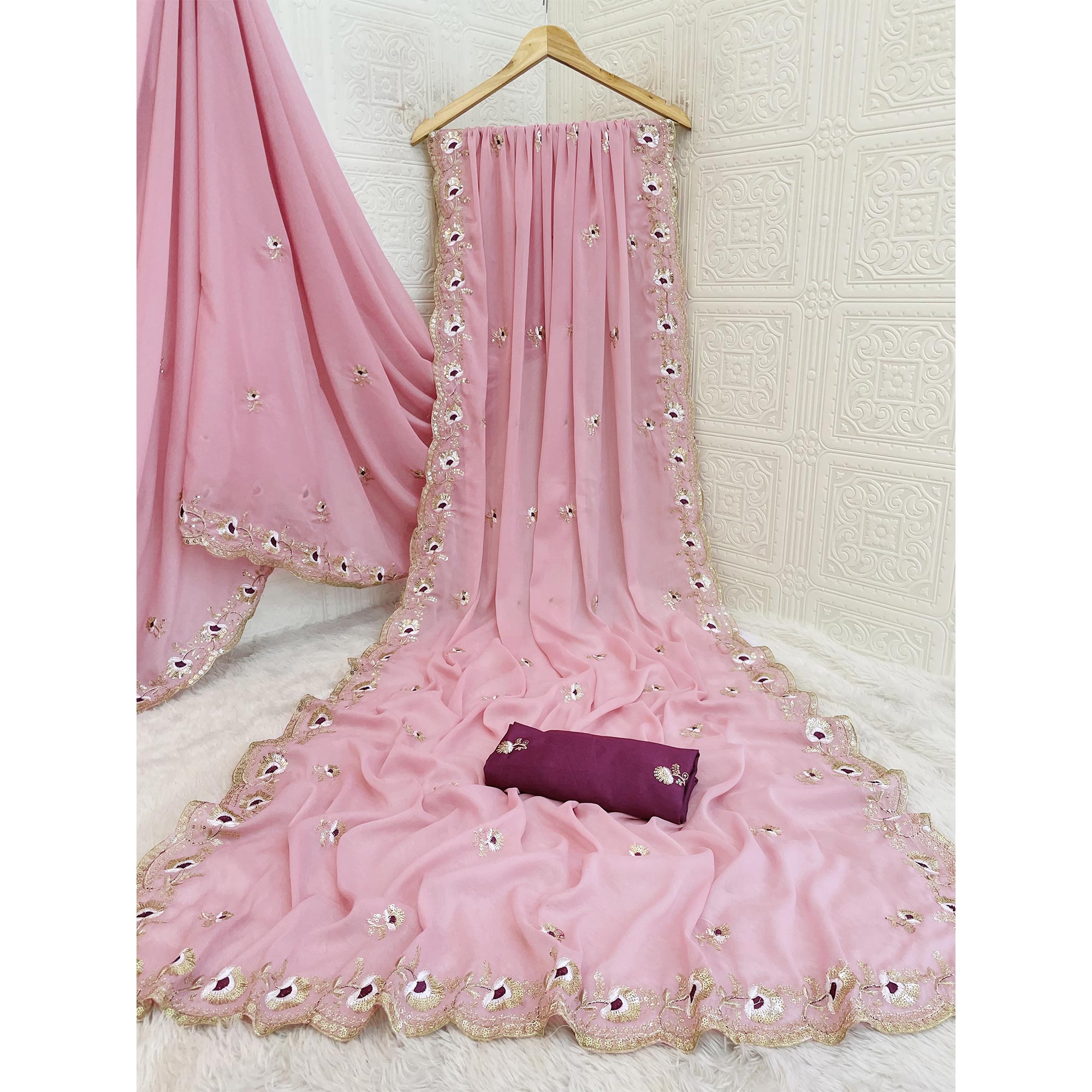Pink Georgette Silk Saree With Floral Sequin Embroidery & Graceful Cutwork Detailing Border
