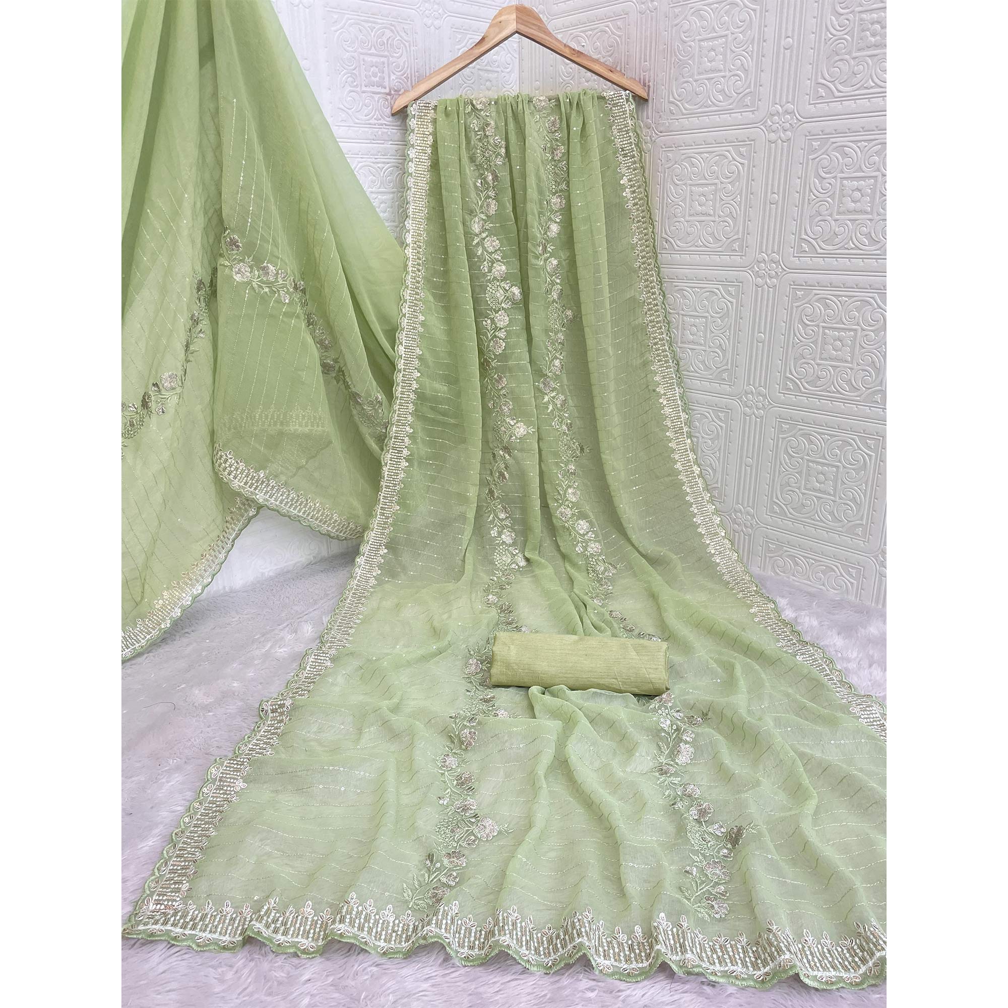 Green Shimmer Chiffon Saree with Floral Sequin Embroidery & Fine Cutwork Detailing